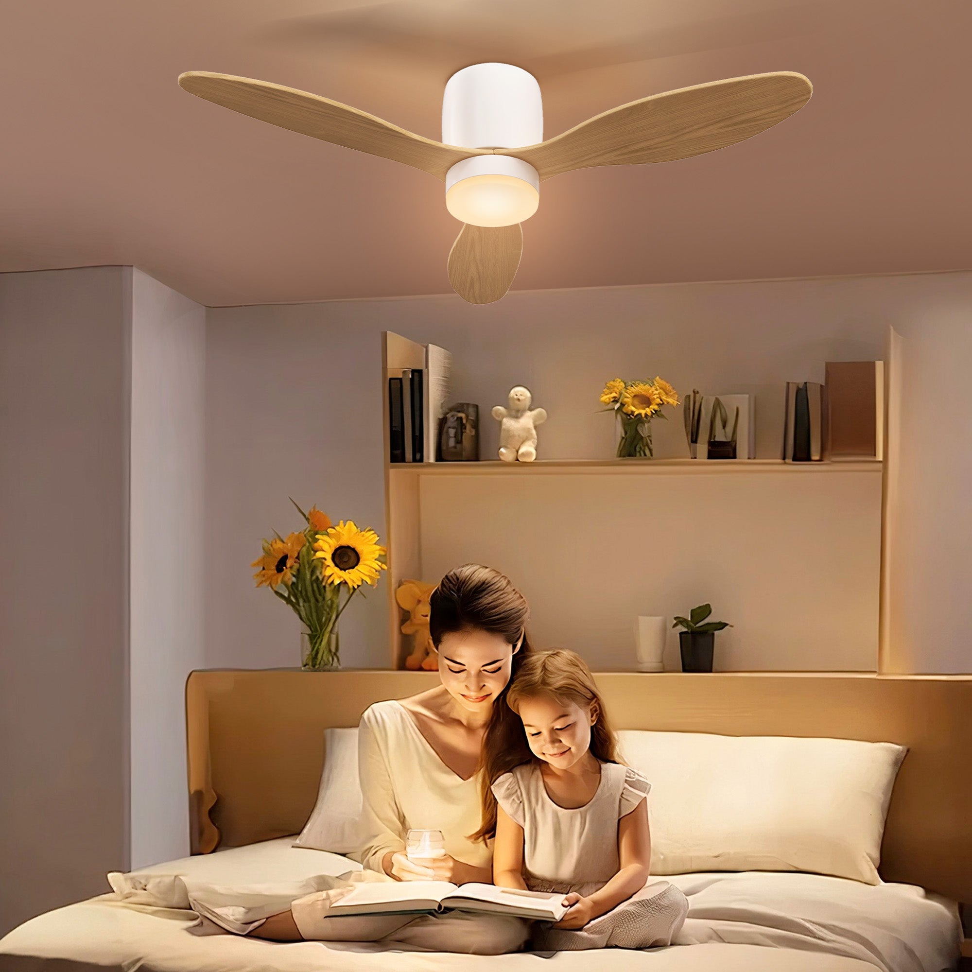 Ceiling Fan with Light and Remote Control 50W, Silent and Reversible 115cm Ceiling Fan with 3 Blades 6 Speeds Adjustable Brightness Timer, for Bedroom Living Room, Natural Wood