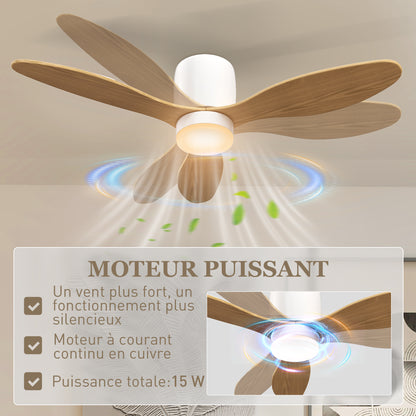 Ceiling Fan with Light and Remote Control 50W, Silent and Reversible 115cm Ceiling Fan with 3 Blades 6 Speeds Adjustable Brightness Timer, for Bedroom Living Room, Natural Wood
