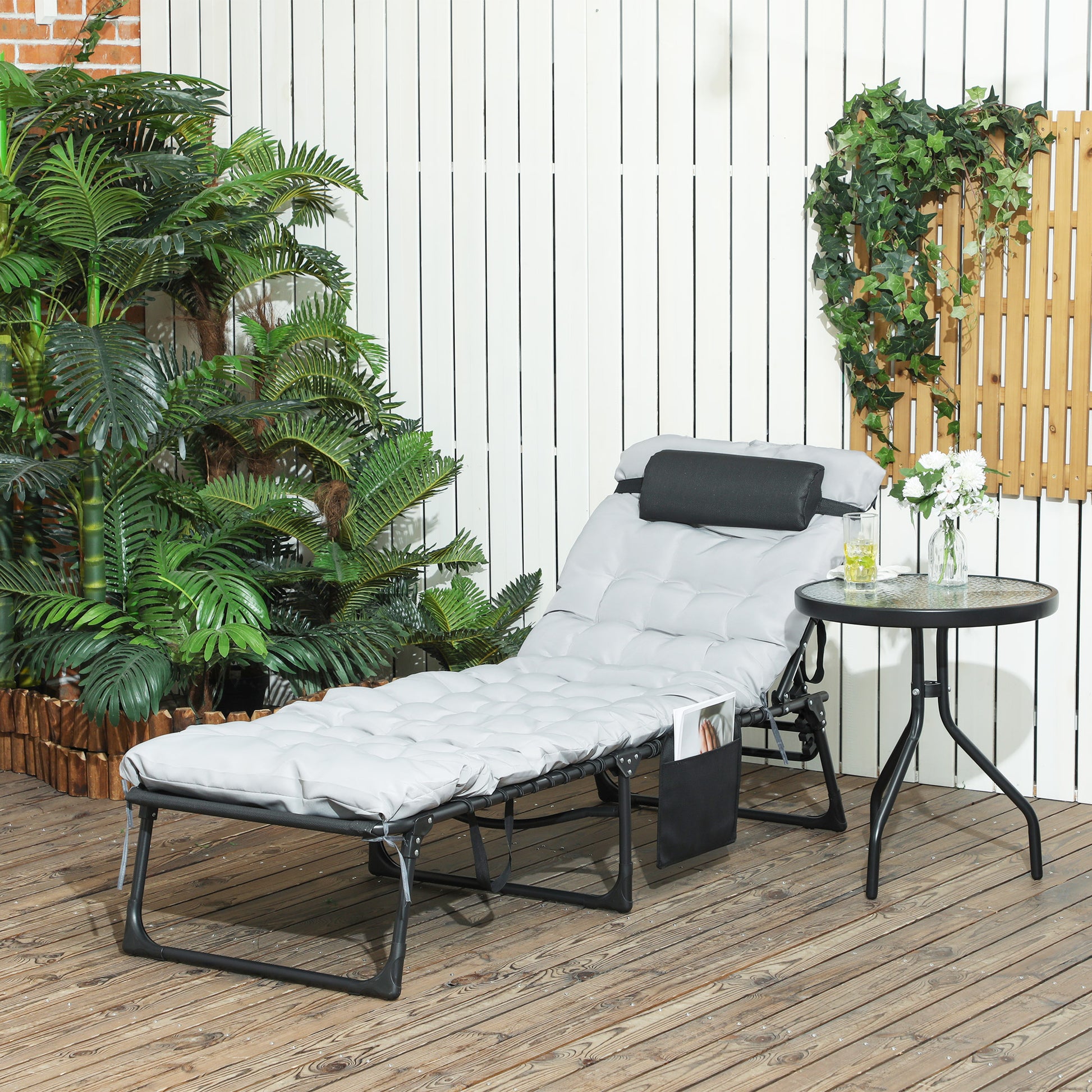 Folding Sun Lounger Garden Lounger with 5-Position Adjustable Backrest Camping Lounger with Pocket with Headrest Garden Chair up to 120 kg, for Garden, Balcony, Light gray