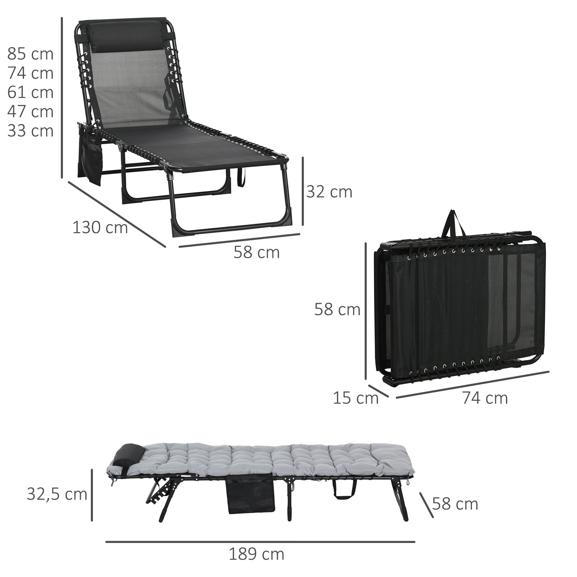 Folding Sun Lounger Garden Lounger with 5-Position Adjustable Backrest Camping Lounger with Pocket with Headrest Garden Chair up to 120 kg, for Garden, Balcony, Light gray