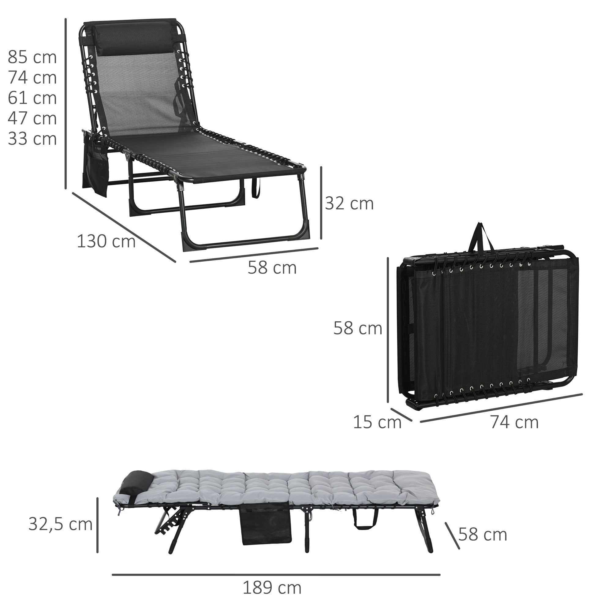 Folding Sun Lounger Garden Lounger with 5-Position Adjustable Backrest Camping Lounger with Pocket with Headrest Garden Chair up to 120 kg, for Garden, Balcony, Light gray
