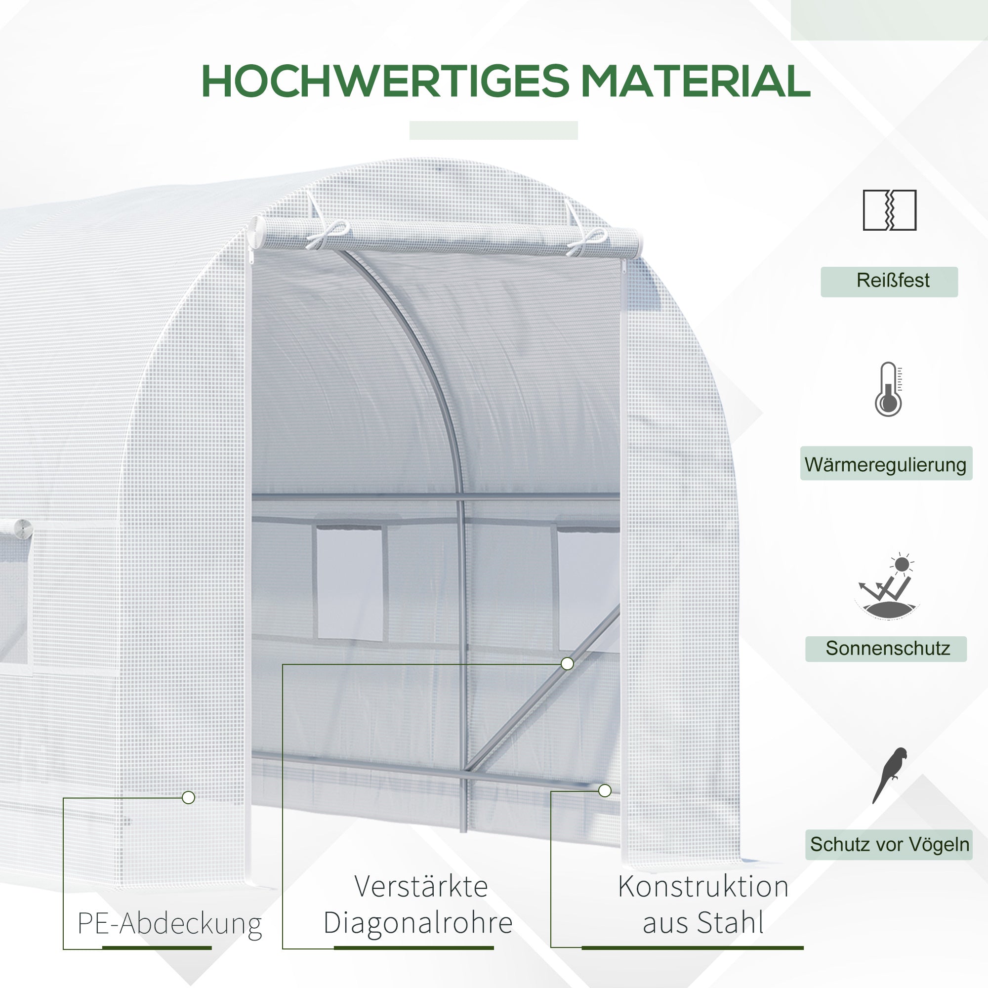Greenhouse 445x200x200cm Foil Greenhouse Tomato House with Door, Window, Film Tunnel made of galvanized steel, plant tunnel, greenhouse including ground anchors and ropes, garden tunnel, White