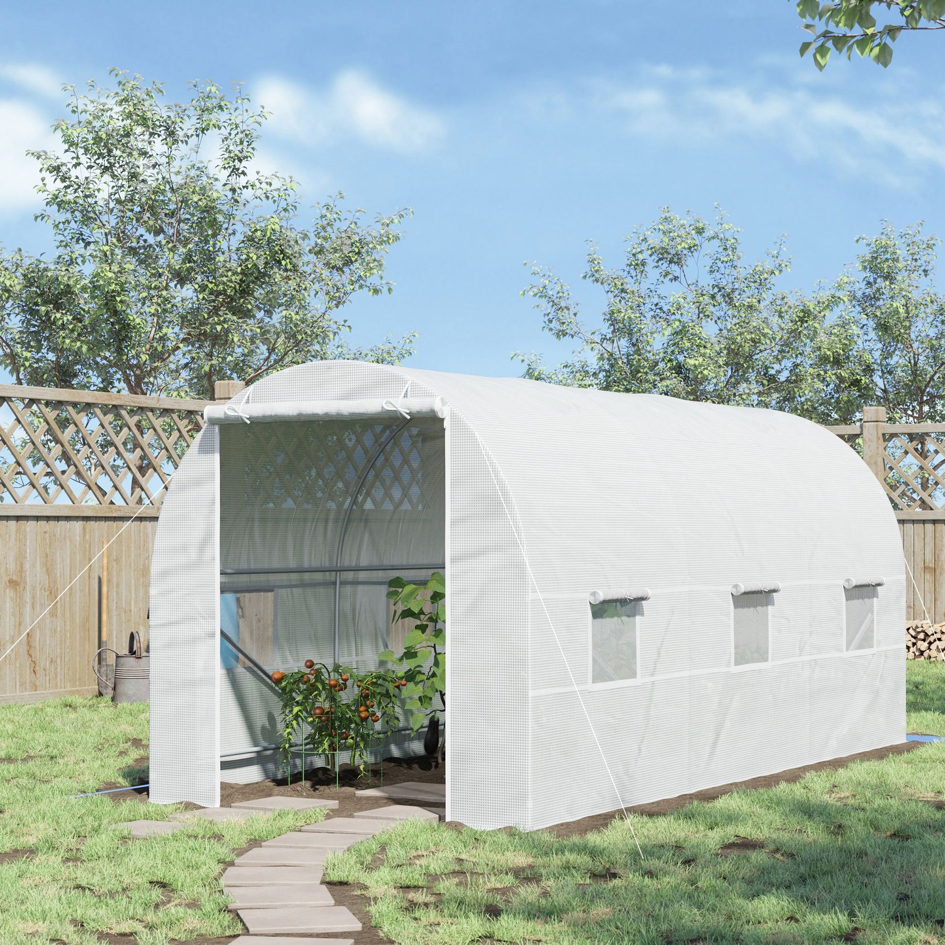 Greenhouse 445x200x200cm Foil Greenhouse Tomato House with Door, Window, Film Tunnel made of galvanized steel, plant tunnel, greenhouse including ground anchors and ropes, garden tunnel, White