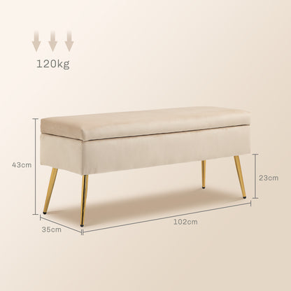 Storage Ottoman Bench 2 in 1 Velvet Bench Storage Bench 30.5L with Hinged Lid and Metal Legs for Hallway, Living Room, Bedroom - 102 x 35 x 43 cm, Beige