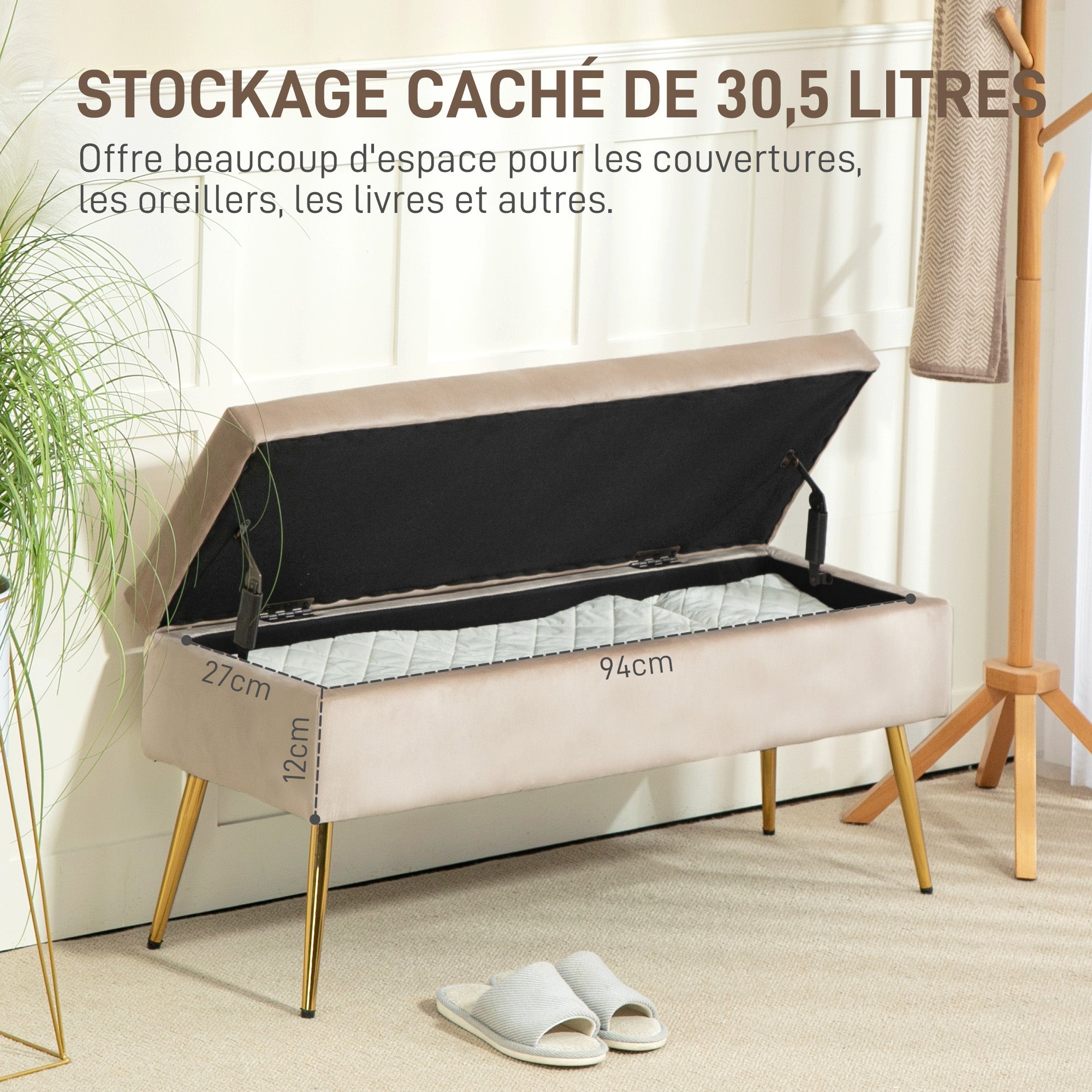 Storage Ottoman Bench 2 in 1 Velvet Bench Storage Bench 30.5L with Hinged Lid and Metal Legs for Hallway, Living Room, Bedroom - 102 x 35 x 43 cm, Beige