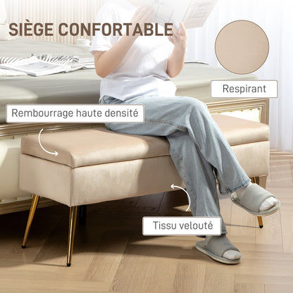 Storage Ottoman Bench 2 in 1 Velvet Bench Storage Bench 30.5L with Hinged Lid and Metal Legs for Hallway, Living Room, Bedroom - 102 x 35 x 43 cm, Beige