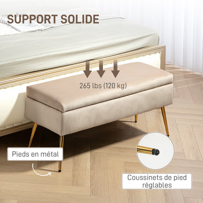Storage Ottoman Bench 2 in 1 Velvet Bench Storage Bench 30.5L with Hinged Lid and Metal Legs for Hallway, Living Room, Bedroom - 102 x 35 x 43 cm, Beige