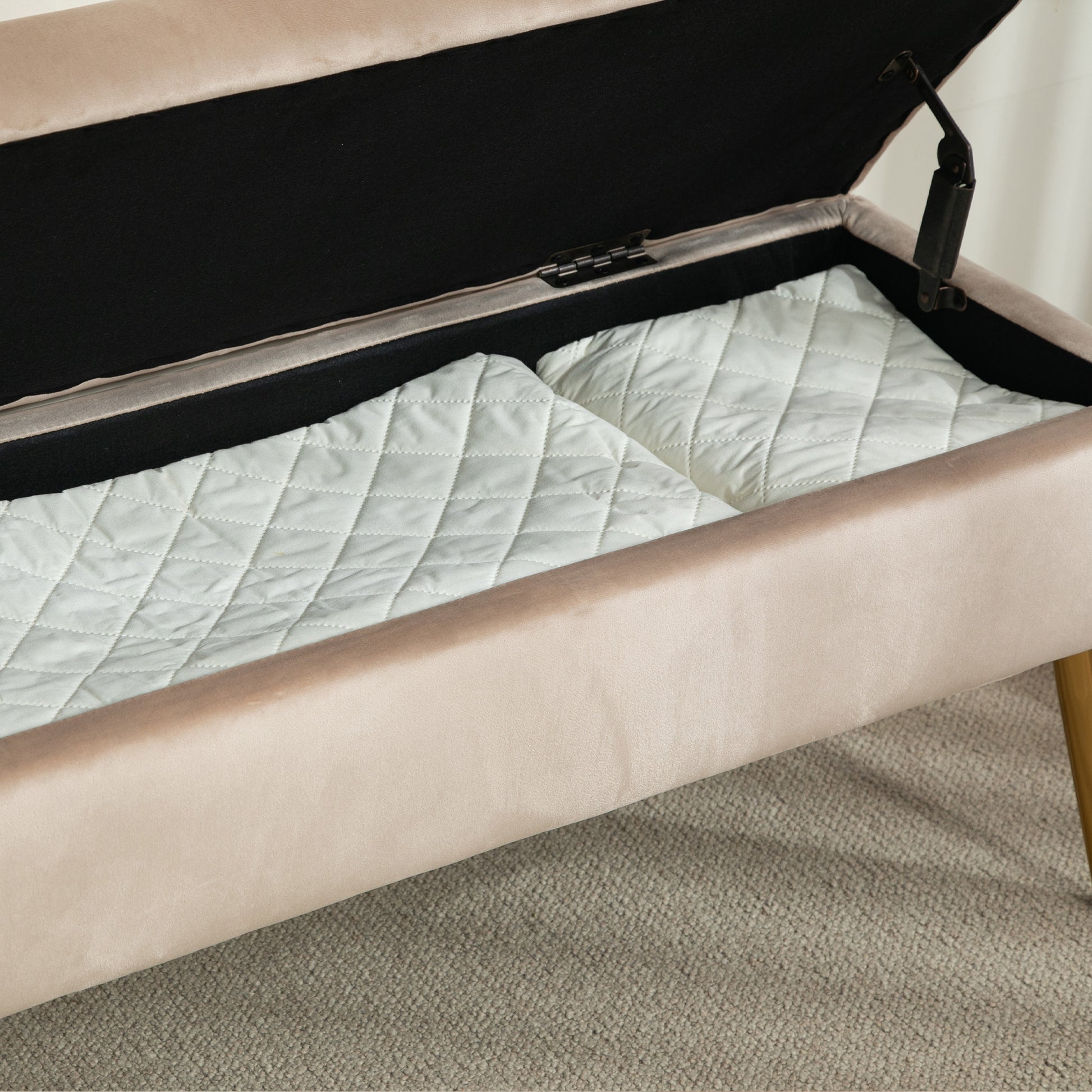 Storage Ottoman Bench 2 in 1 Velvet Bench Storage Bench 30.5L with Hinged Lid and Metal Legs for Hallway, Living Room, Bedroom - 102 x 35 x 43 cm, Beige