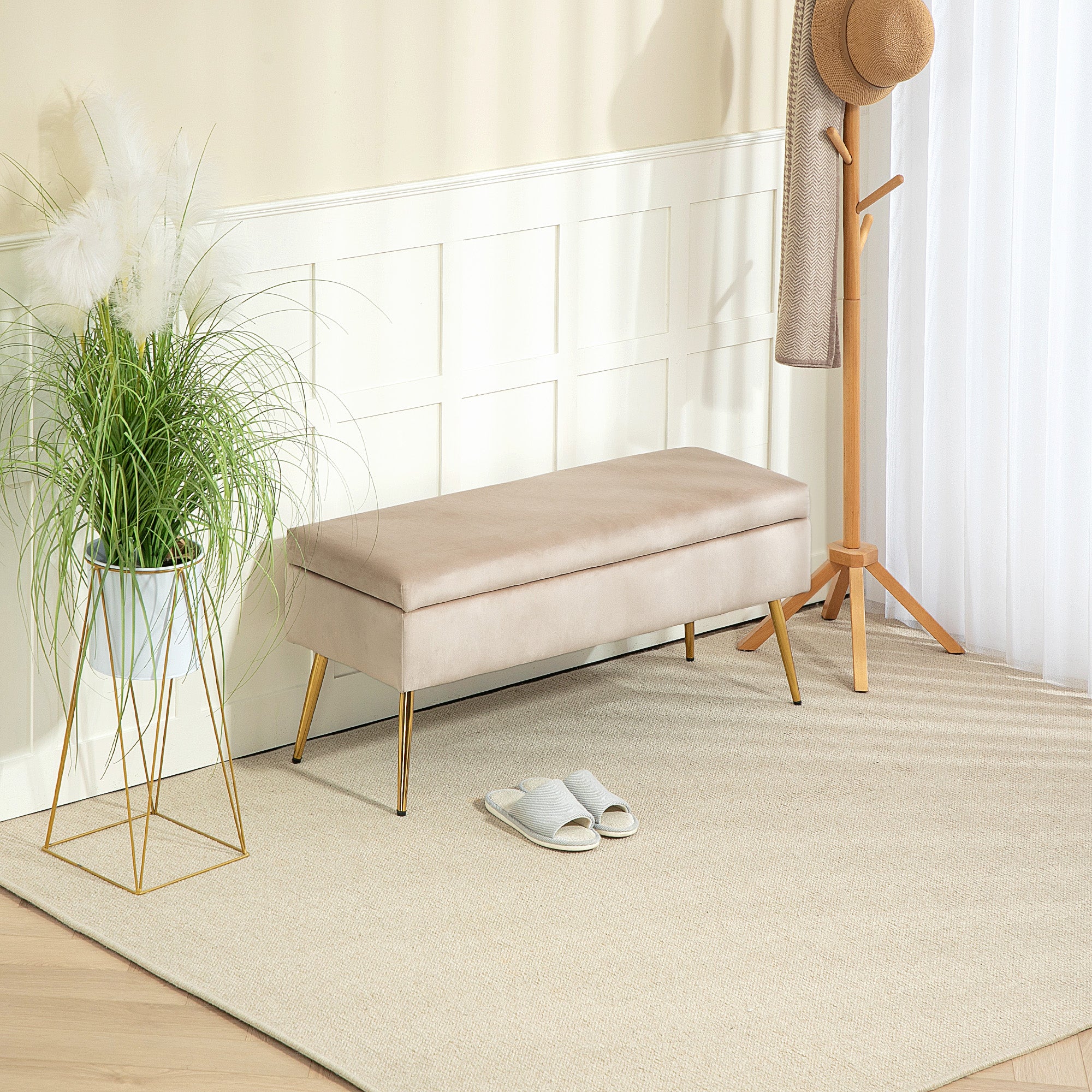 Storage Ottoman Bench 2 in 1 Velvet Bench Storage Bench 30.5L with Hinged Lid and Metal Legs for Hallway, Living Room, Bedroom - 102 x 35 x 43 cm, Beige