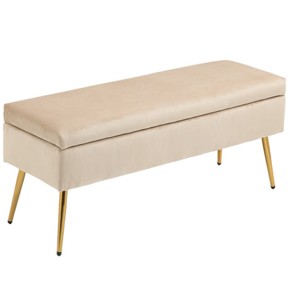 Storage Ottoman Bench 2 in 1 Velvet Bench Storage Bench 30.5L with Hinged Lid and Metal Legs for Hallway, Living Room, Bedroom - 102 x 35 x 43 cm, Beige