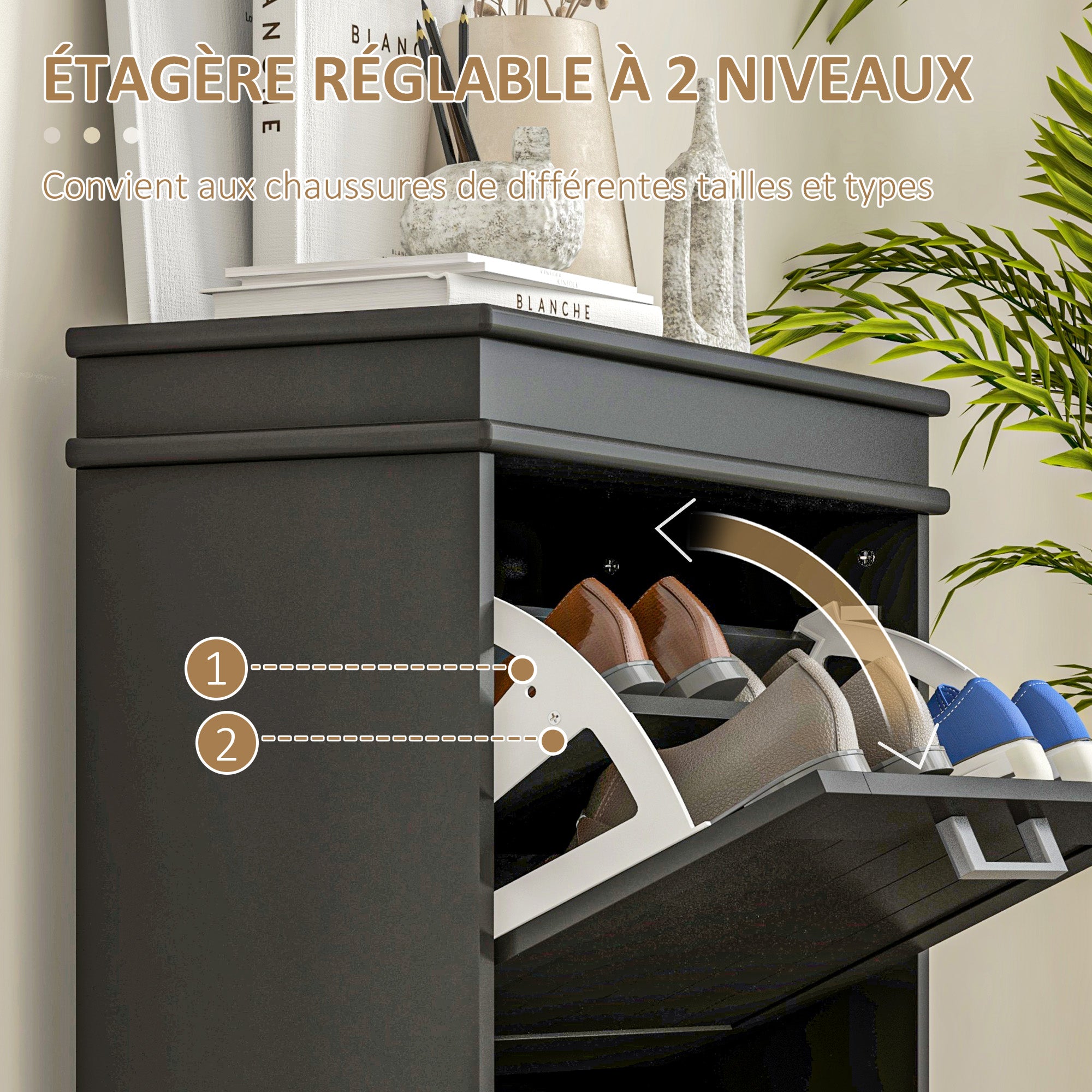 Shoe Cabinet, Shoe Cupboard, 2 Flip-Down Doors, Adjustable Shelves, for Entryway, Hallway, 54 x 24 x 82.5 cm, Black