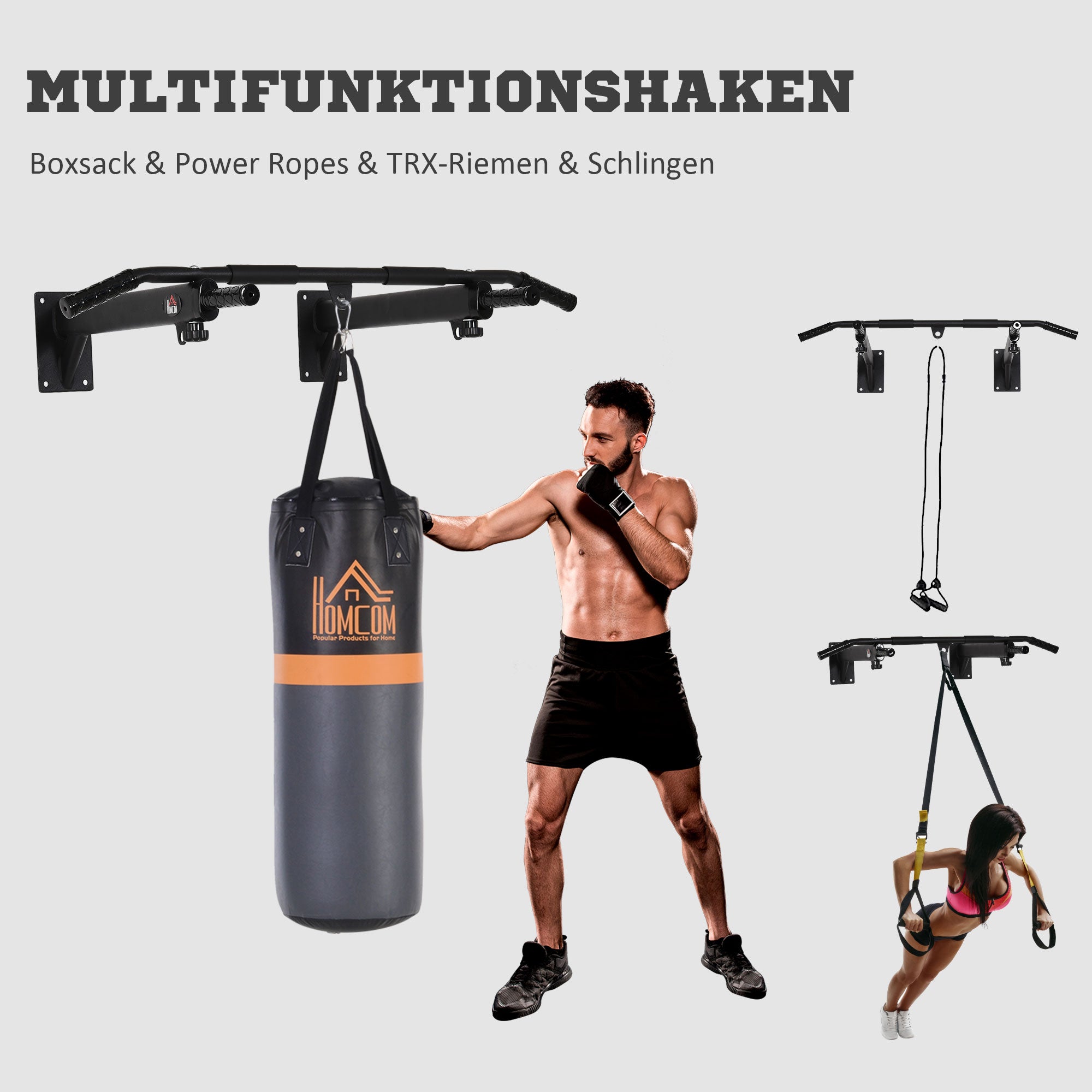 Pull Up Bar for Wall or Ceiling Mount up to 150 kg load-bearing, Multifunctional Pull Up Bar with Non-slip Grips, Rings safely stable Pull Up Bar for Home Fitness, Steel Black