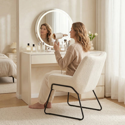 Sherpa-Fleece Lounge Chair — Modern Armchair with Armrests, Wide Back & Steel Legs, White
