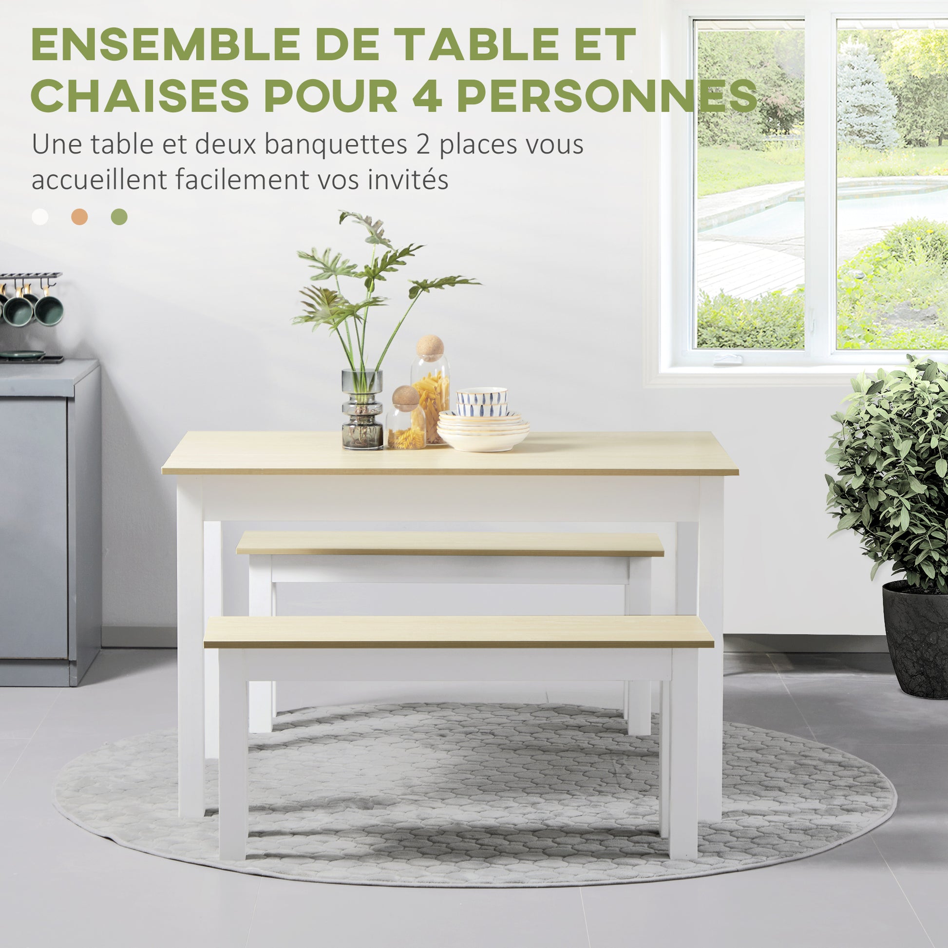 3-Piece Dining Table Set with 2 Nesting Benches for 4-6 Persons in Contemporary Style - Kitchen Dining Room Living Room - Particle Boards