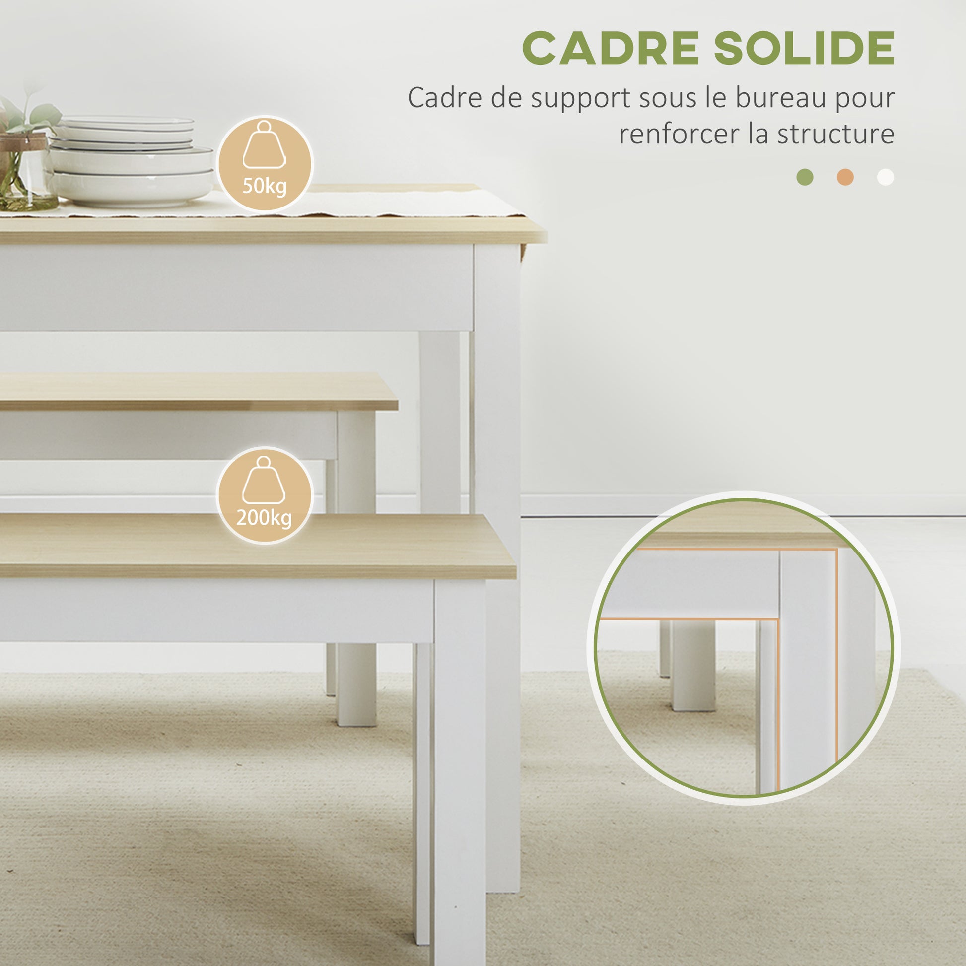 3-Piece Dining Table Set with 2 Nesting Benches for 4-6 Persons in Contemporary Style - Kitchen Dining Room Living Room - Particle Boards