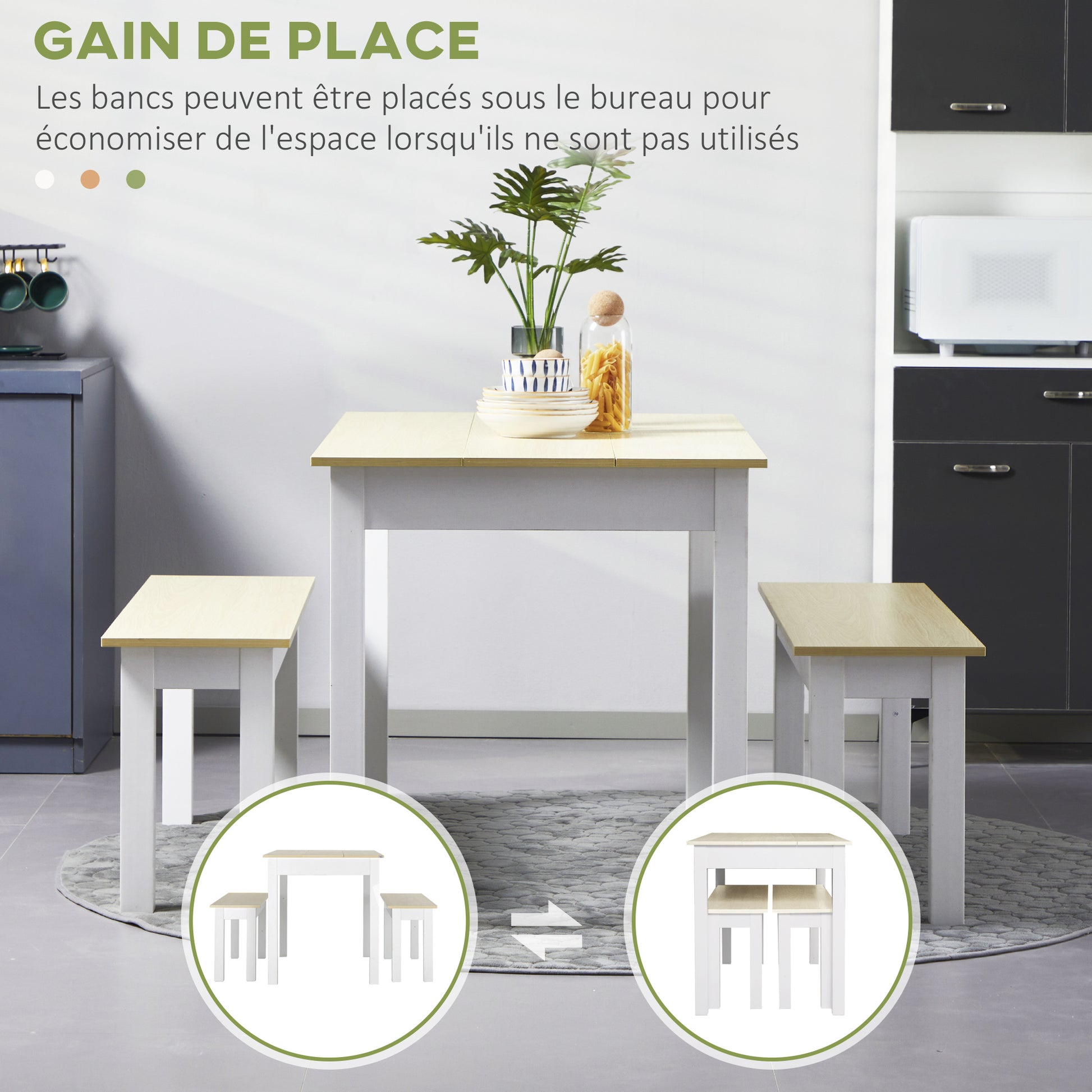 3-Piece Dining Table Set with 2 Nesting Benches for 4-6 Persons in Contemporary Style - Kitchen Dining Room Living Room - Particle Boards