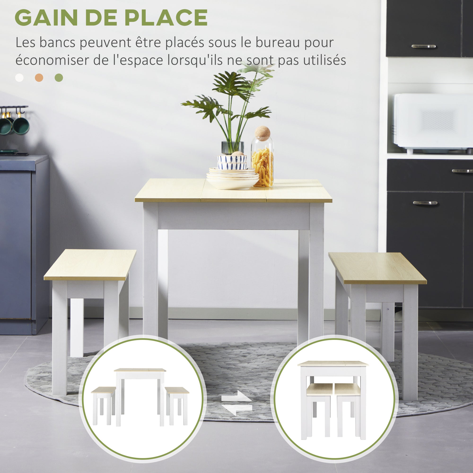 3-Piece Dining Table Set with 2 Nesting Benches for 4-6 Persons in Contemporary Style - Kitchen Dining Room Living Room - Particle Boards