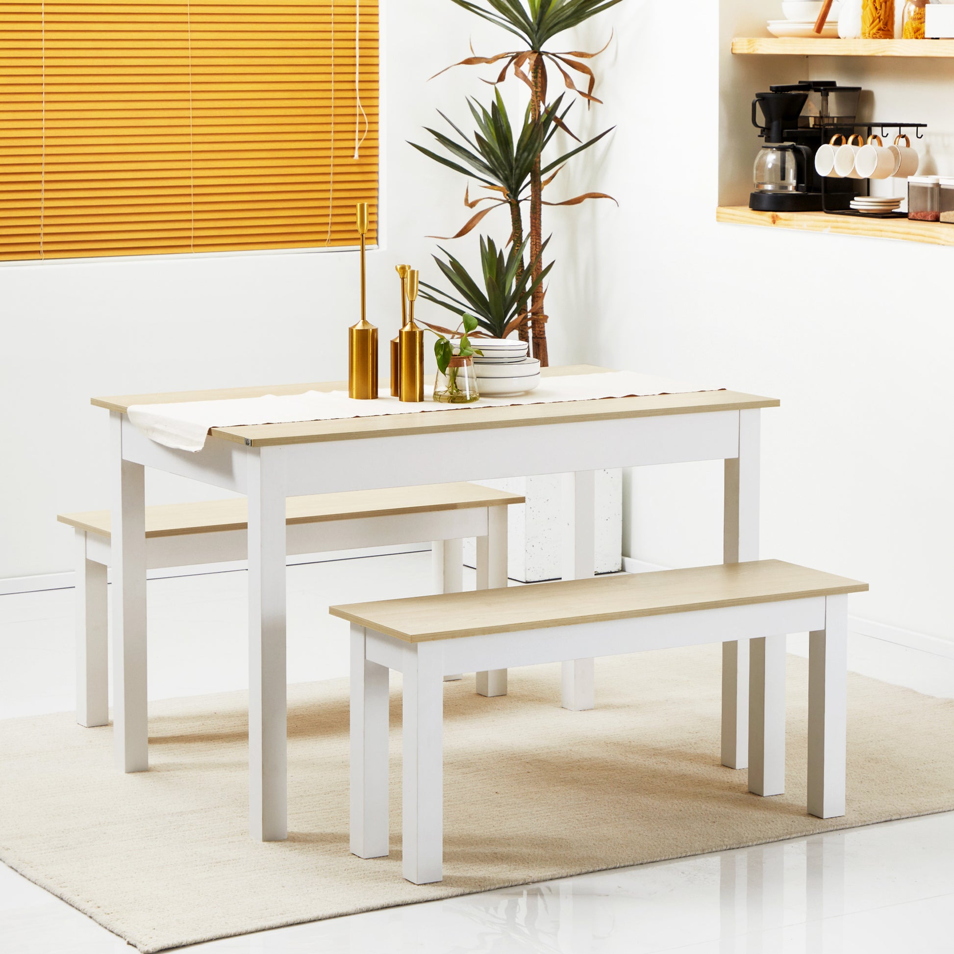 3-Piece Dining Table Set with 2 Nesting Benches for 4-6 Persons in Contemporary Style - Kitchen Dining Room Living Room - Particle Boards