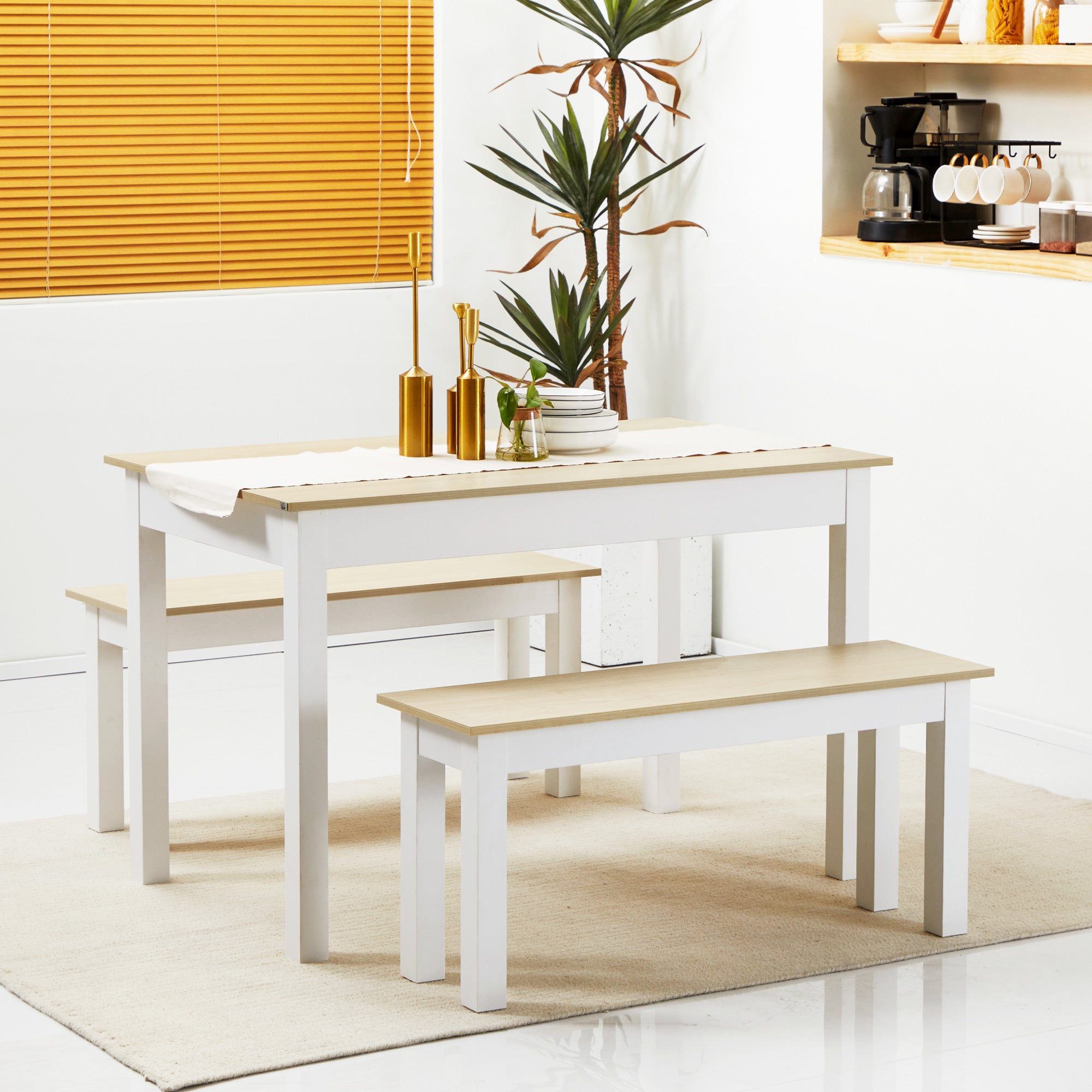 3-Piece Dining Table Set with 2 Nesting Benches for 4-6 Persons in Contemporary Style - Kitchen Dining Room Living Room - Particle Boards