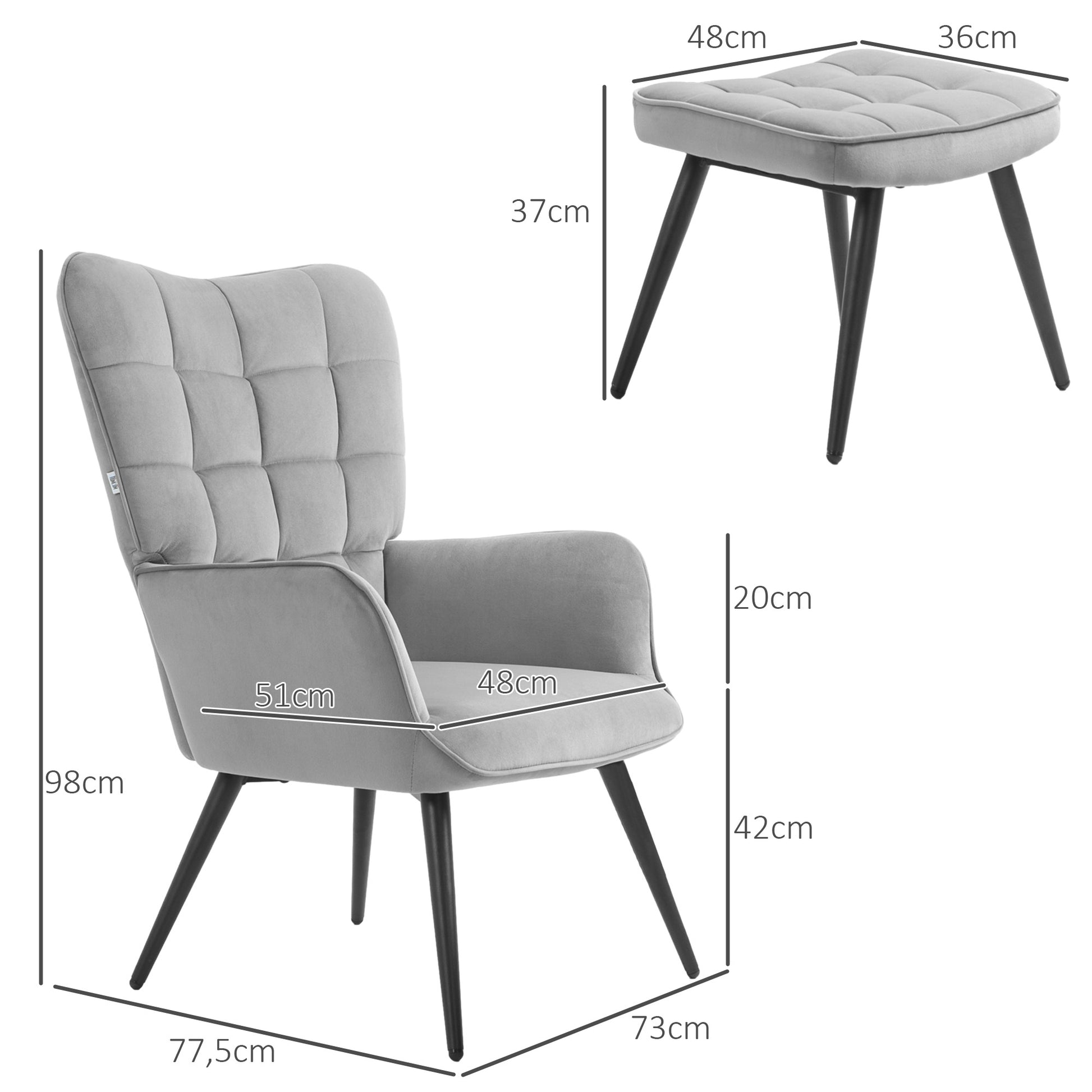 Armchair with Footstool Chair Lounge Chair with Velvet Look, Modern Recliner, TV Chair, Upholstered Chair for Living Room, Bedroom, Light Gray