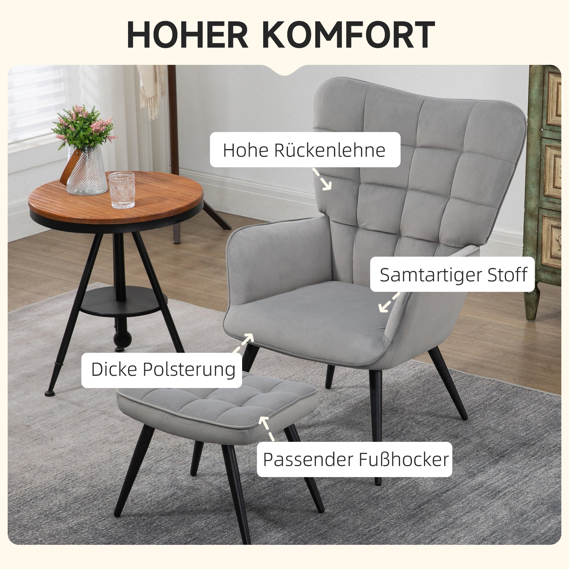 Armchair with Footstool Chair Lounge Chair with Velvet Look, Modern Recliner, TV Chair, Upholstered Chair for Living Room, Bedroom, Light Gray