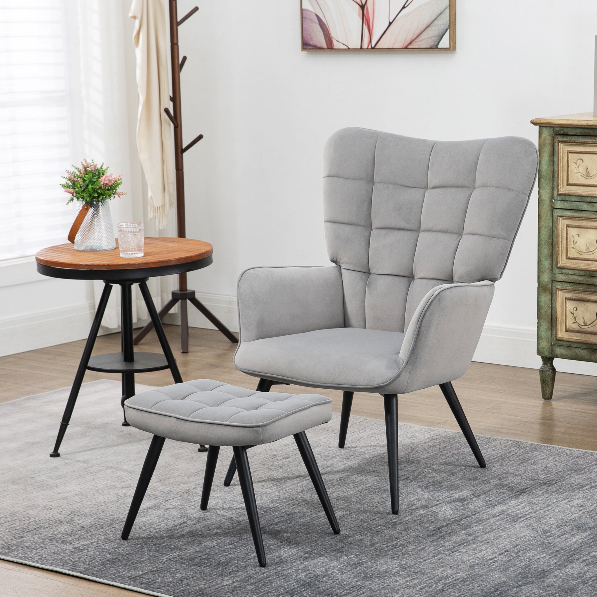 Armchair with Footstool Chair Lounge Chair with Velvet Look, Modern Recliner, TV Chair, Upholstered Chair for Living Room, Bedroom, Light Gray