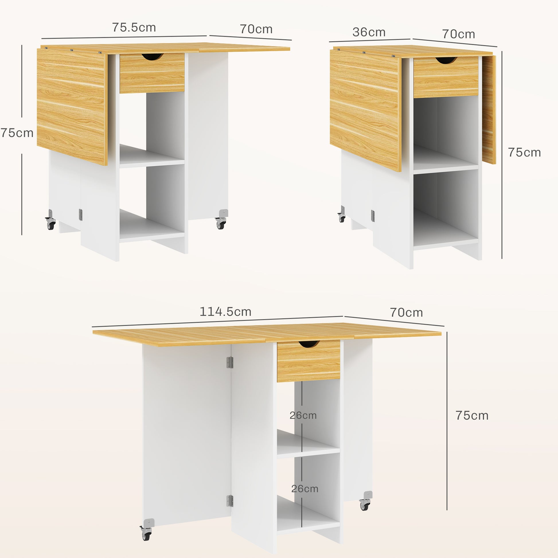 Folding Dining Table, Drop Leaf Table for 2-4 People, Modern Space-Saving Kitchen Table with Drawer, 2 Shelves, and 2 Wheels, in Wood, 114.5x70x75 cm, Oak
