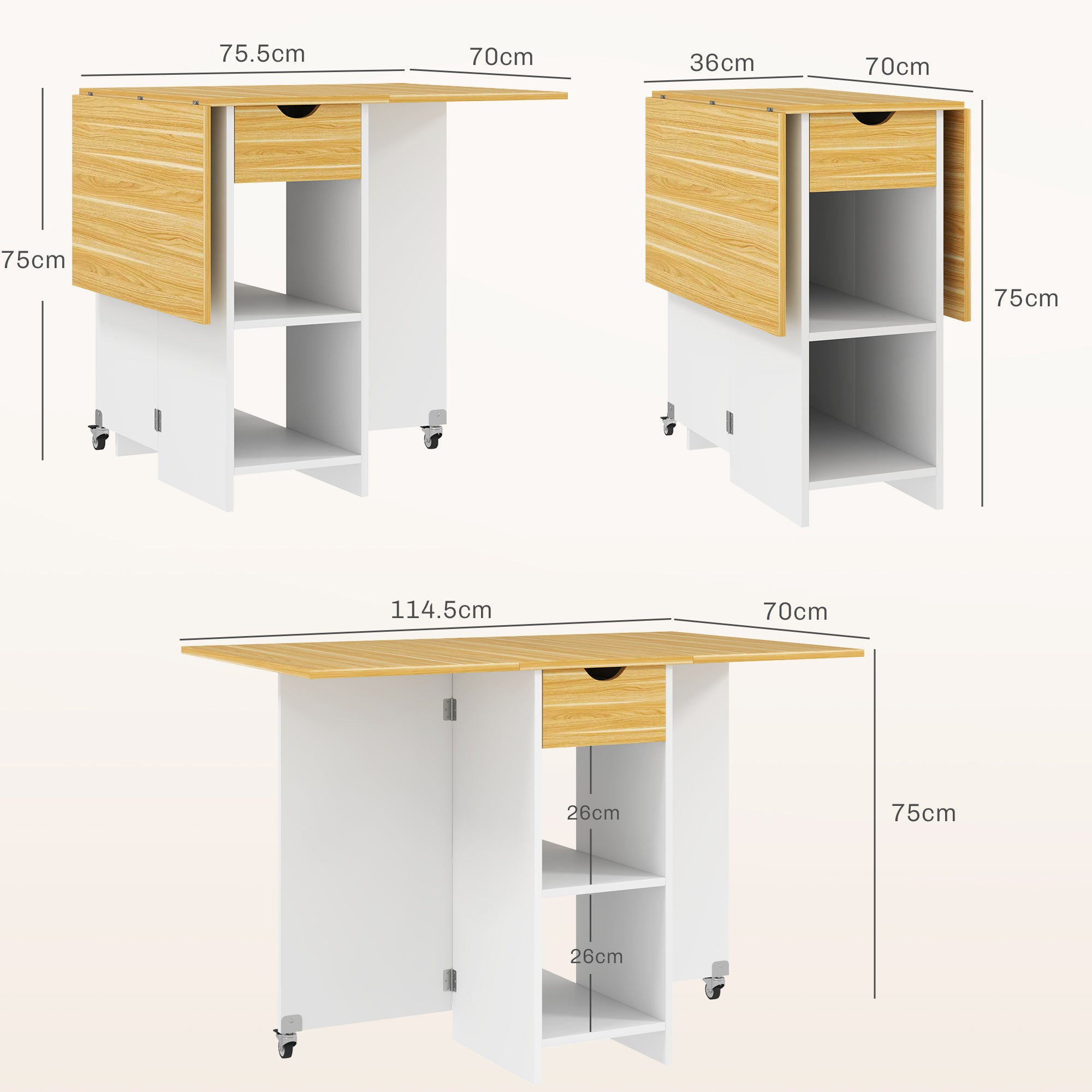 Folding Dining Table, Drop Leaf Table for 2-4 People, Modern Space-Saving Kitchen Table with Drawer, 2 Shelves, and 2 Wheels, in Wood, 114.5x70x75 cm, Oak