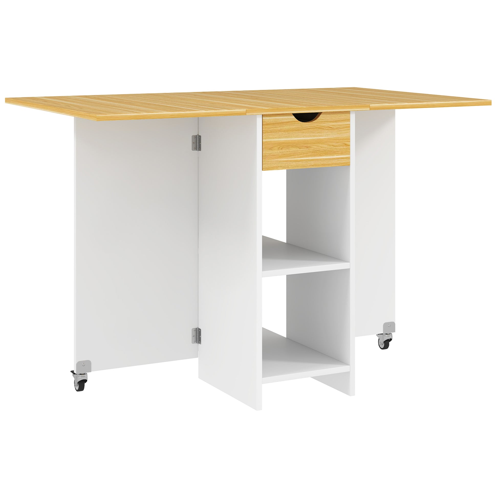 Folding Dining Table, Drop Leaf Table for 2-4 People, Modern Space-Saving Kitchen Table with Drawer, 2 Shelves, and 2 Wheels, in Wood, 114.5x70x75 cm, Oak