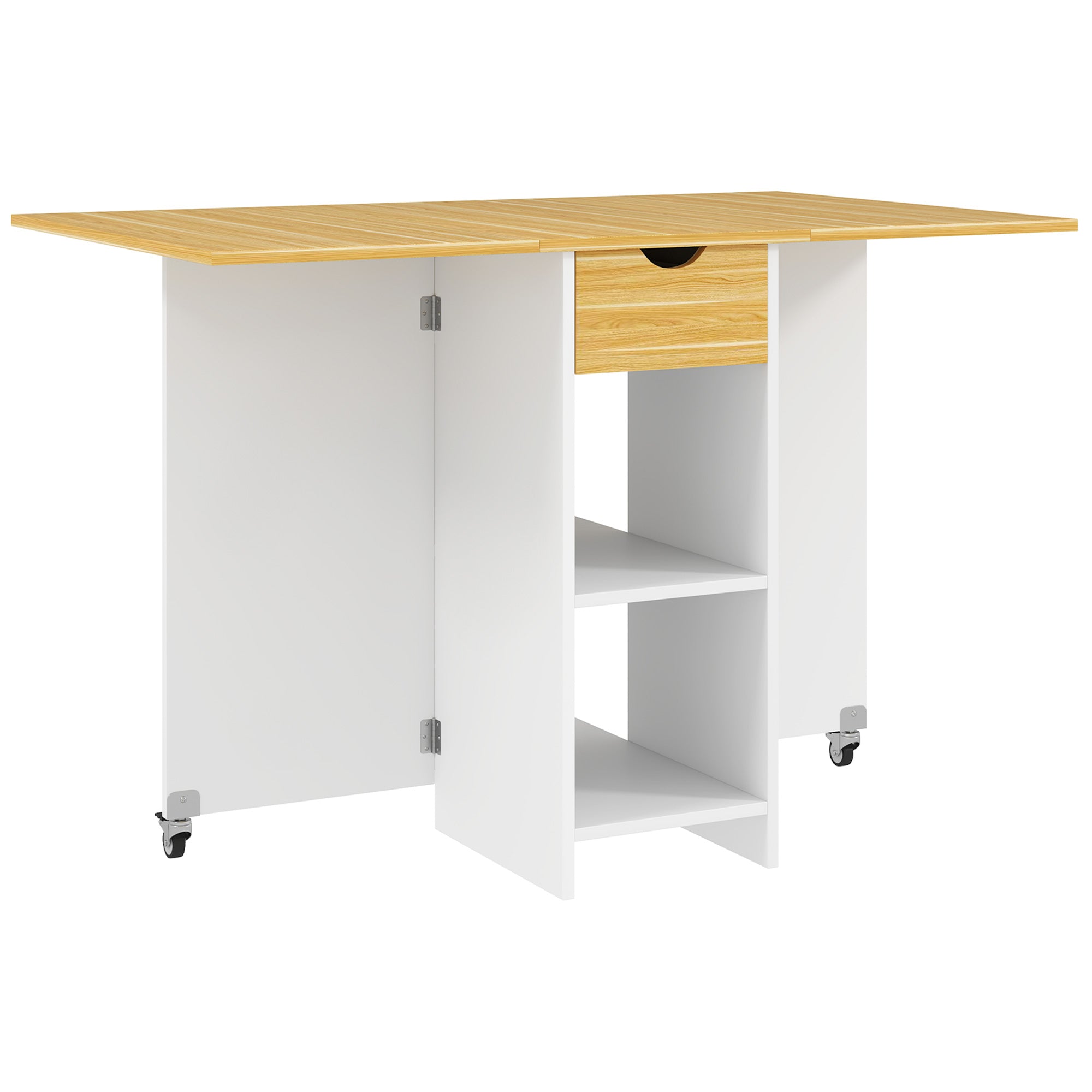 Folding Dining Table, Drop Leaf Table for 2-4 People, Modern Space-Saving Kitchen Table with Drawer, 2 Shelves, and 2 Wheels, in Wood, 114.5x70x75 cm, Oak
