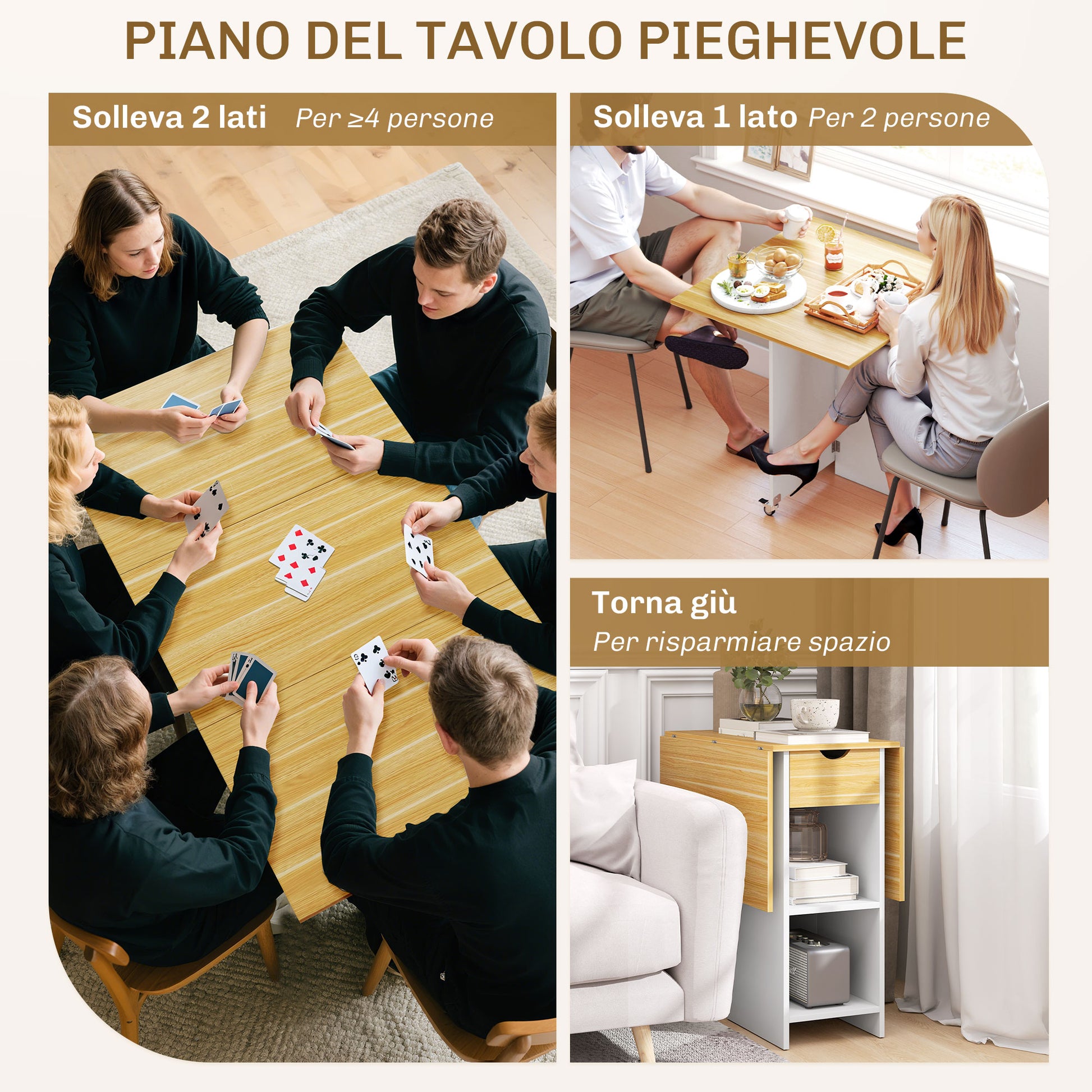 Folding Dining Table, Drop Leaf Table for 2-4 People, Modern Space-Saving Kitchen Table with Drawer, 2 Shelves, and 2 Wheels, in Wood, 114.5x70x75 cm, Oak