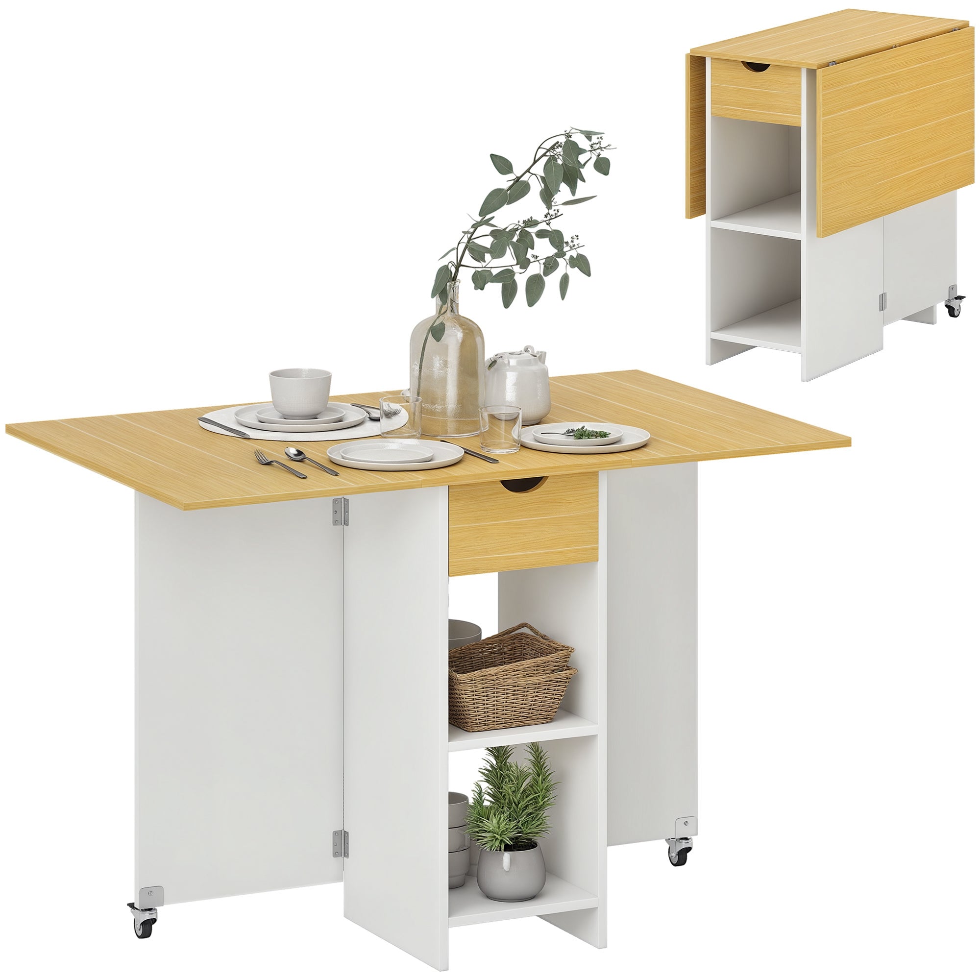 Folding Dining Table, Drop Leaf Table for 2-4 People, Modern Space-Saving Kitchen Table with Drawer, 2 Shelves, and 2 Wheels, in Wood, 114.5x70x75 cm, Oak