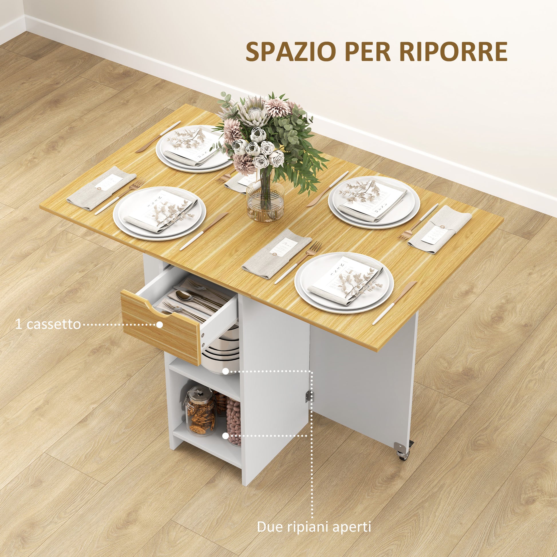 Folding Dining Table, Drop Leaf Table for 2-4 People, Modern Space-Saving Kitchen Table with Drawer, 2 Shelves, and 2 Wheels, in Wood, 114.5x70x75 cm, Oak