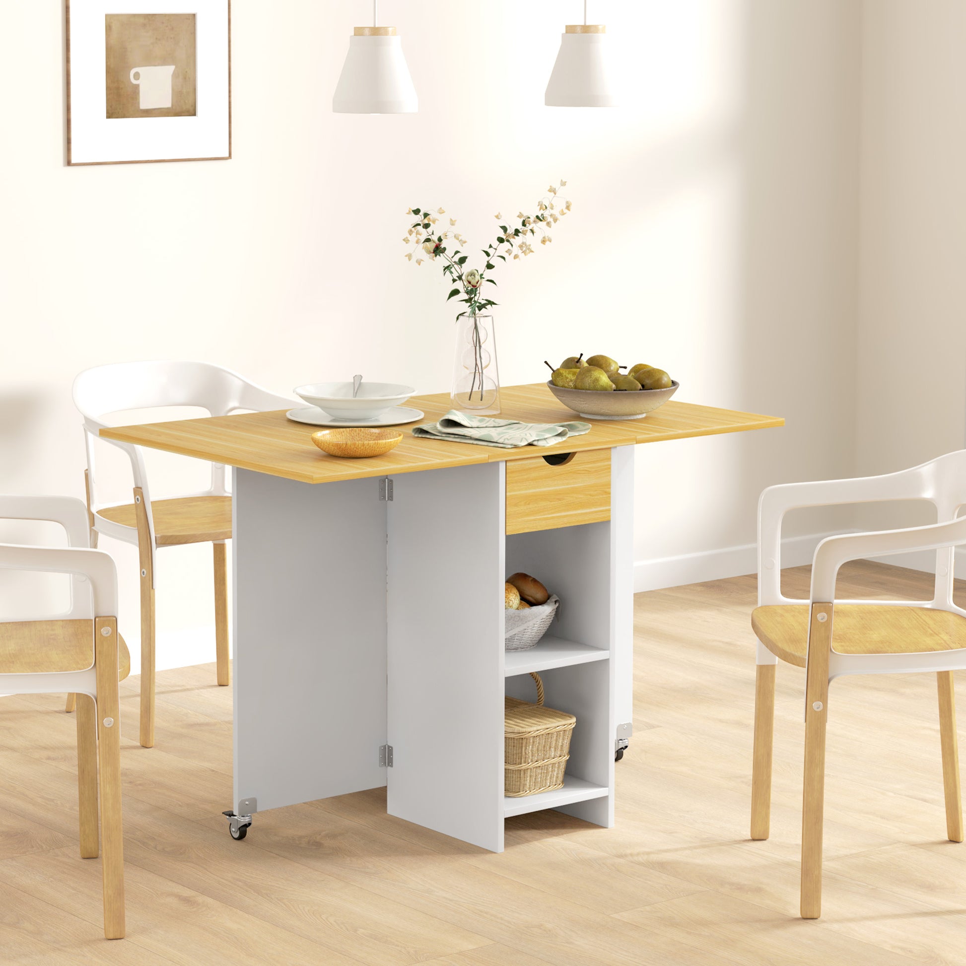 Folding Dining Table, Drop Leaf Table for 2-4 People, Modern Space-Saving Kitchen Table with Drawer, 2 Shelves, and 2 Wheels, in Wood, 114.5x70x75 cm, Oak