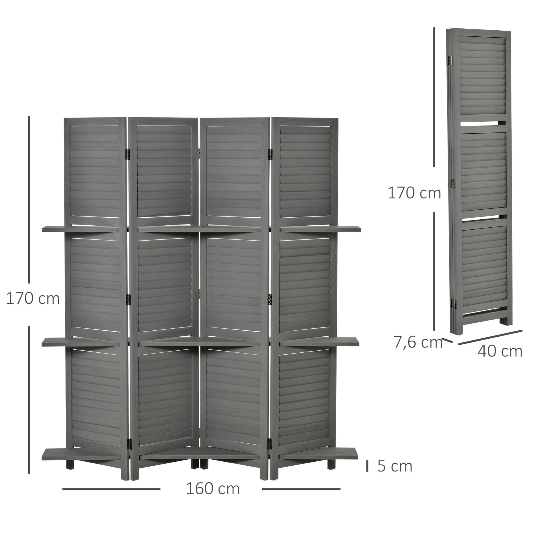 Indoor Room Divider 4 Panels 160L x 170H cm 3 Shelves Foldable Room Divider Louvered Doors Paulownia Wood Gray