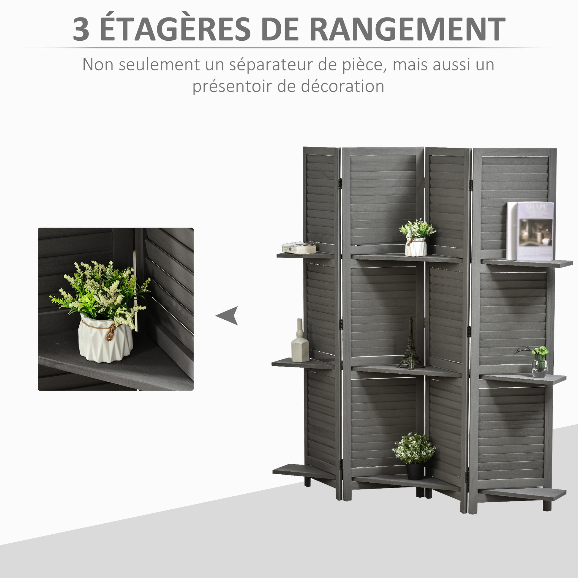 Indoor Room Divider 4 Panels 160L x 170H cm 3 Shelves Foldable Room Divider Louvered Doors Paulownia Wood Gray