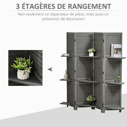 Indoor Room Divider 4 Panels 160L x 170H cm 3 Shelves Foldable Room Divider Louvered Doors Paulownia Wood Gray