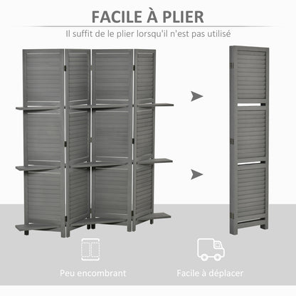 Indoor Room Divider 4 Panels 160L x 170H cm 3 Shelves Foldable Room Divider Louvered Doors Paulownia Wood Gray