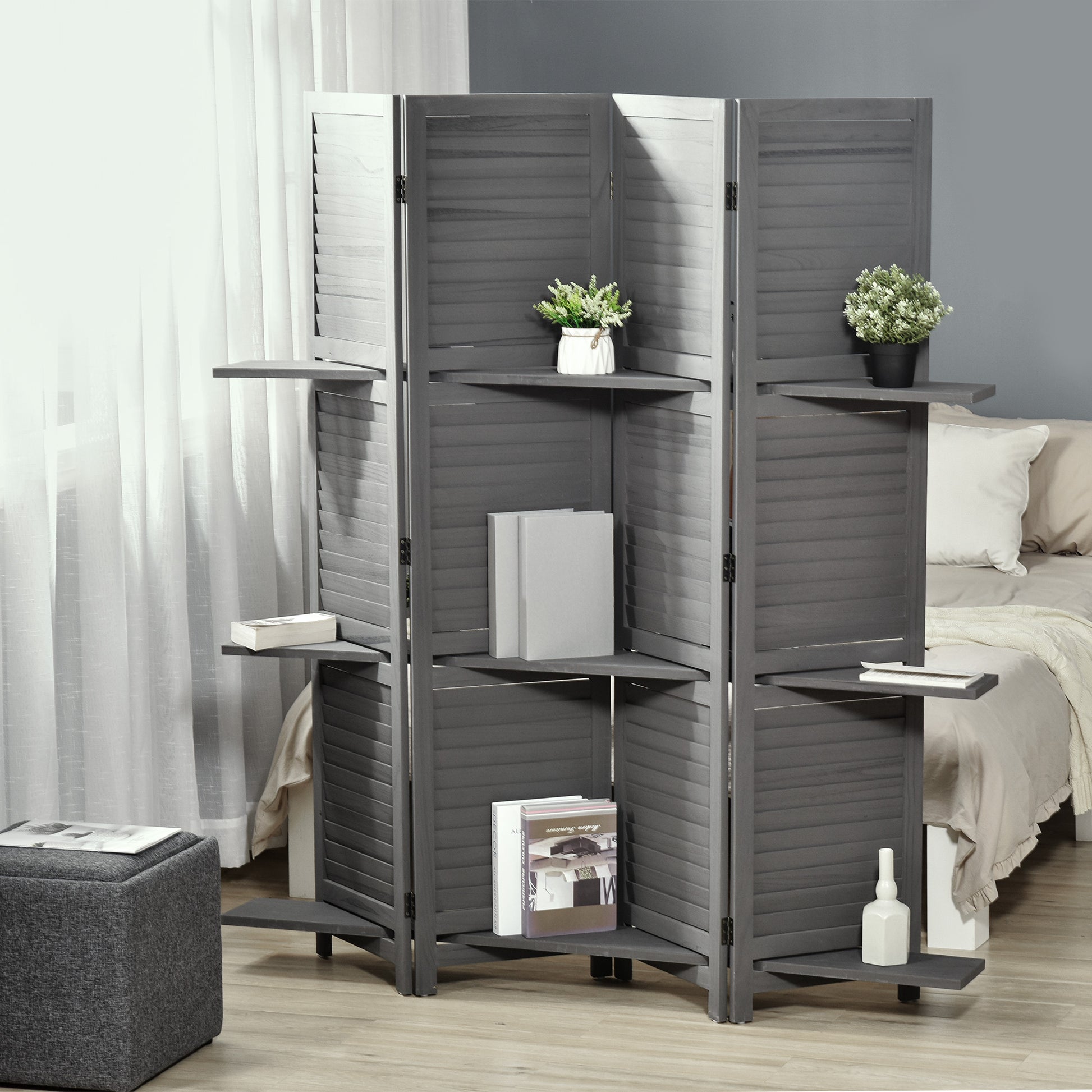 Indoor Room Divider 4 Panels 160L x 170H cm 3 Shelves Foldable Room Divider Louvered Doors Paulownia Wood Gray