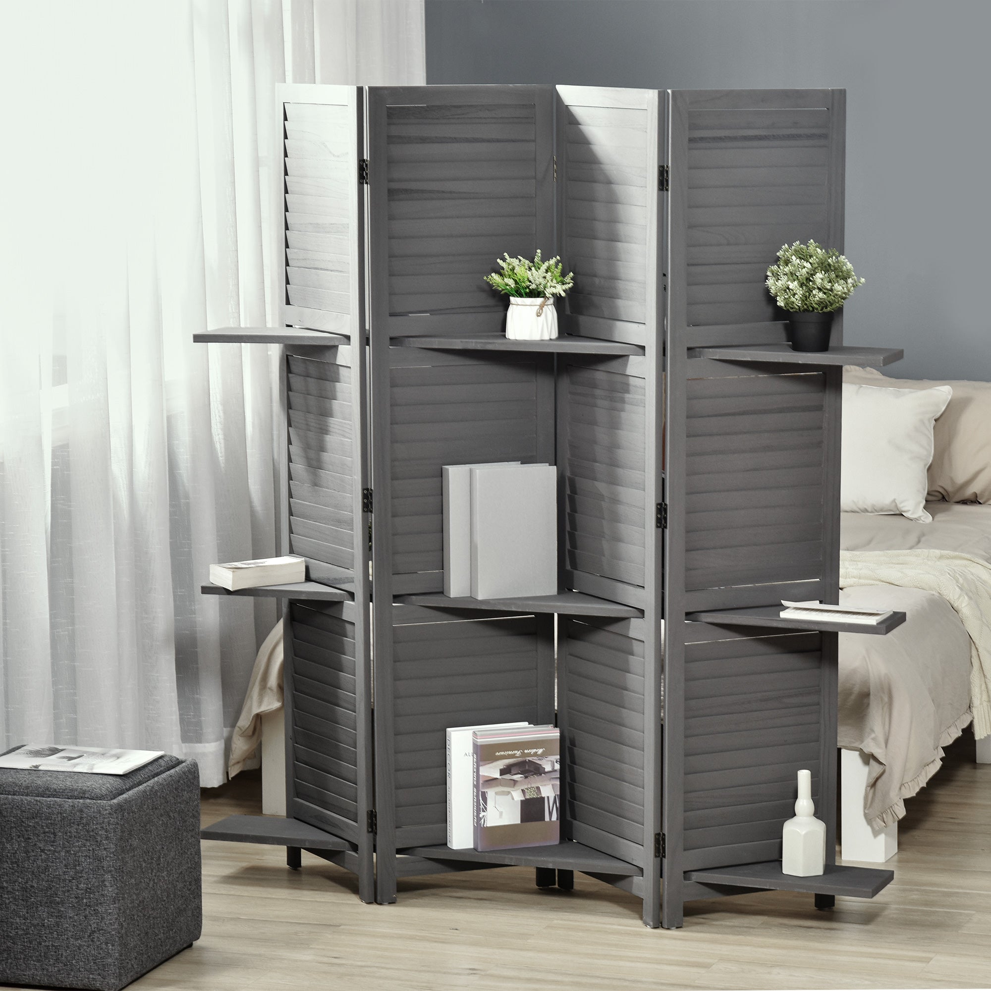 Indoor Room Divider 4 Panels 160L x 170H cm 3 Shelves Foldable Room Divider Louvered Doors Paulownia Wood Gray