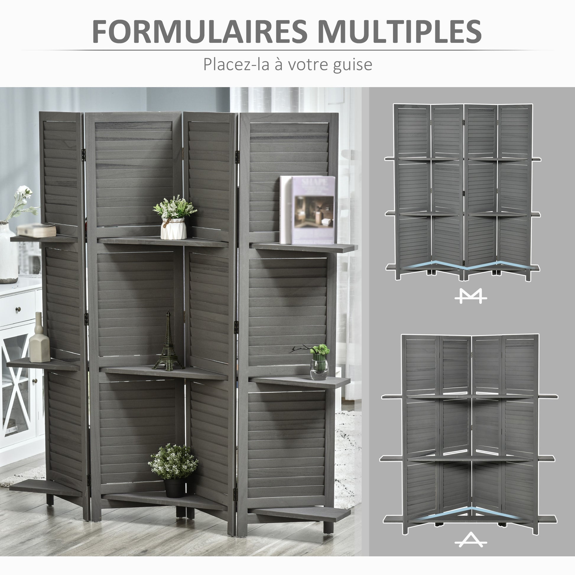 Indoor Room Divider 4 Panels 160L x 170H cm 3 Shelves Foldable Room Divider Louvered Doors Paulownia Wood Gray
