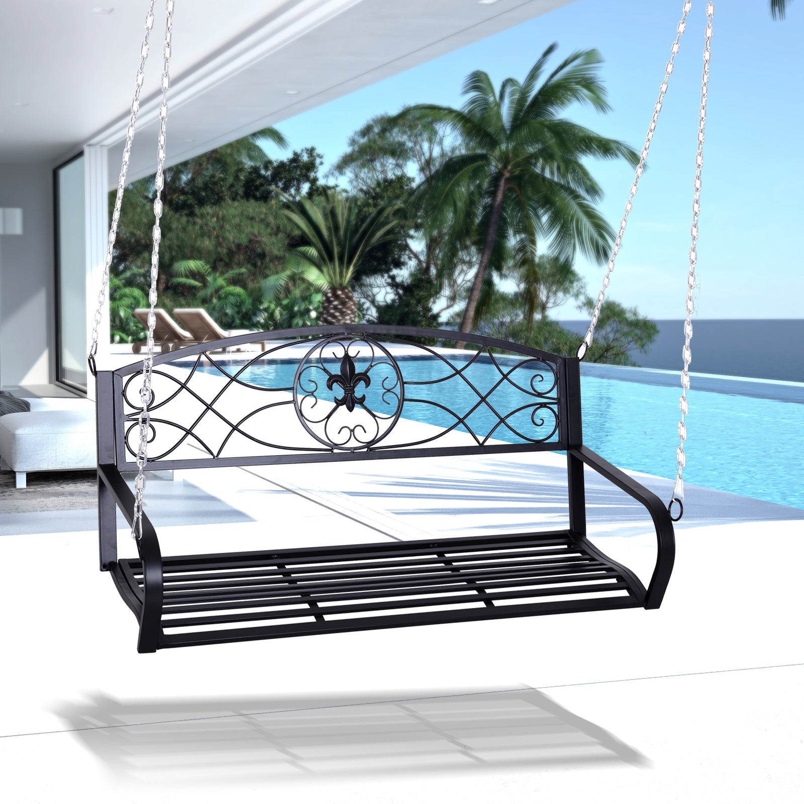 Hanging Bench 2-Seater Garden Swing Swing Bench Hollywood Swing Suspension Bench with Chains Metal Black 132 x 63 x 58 cm