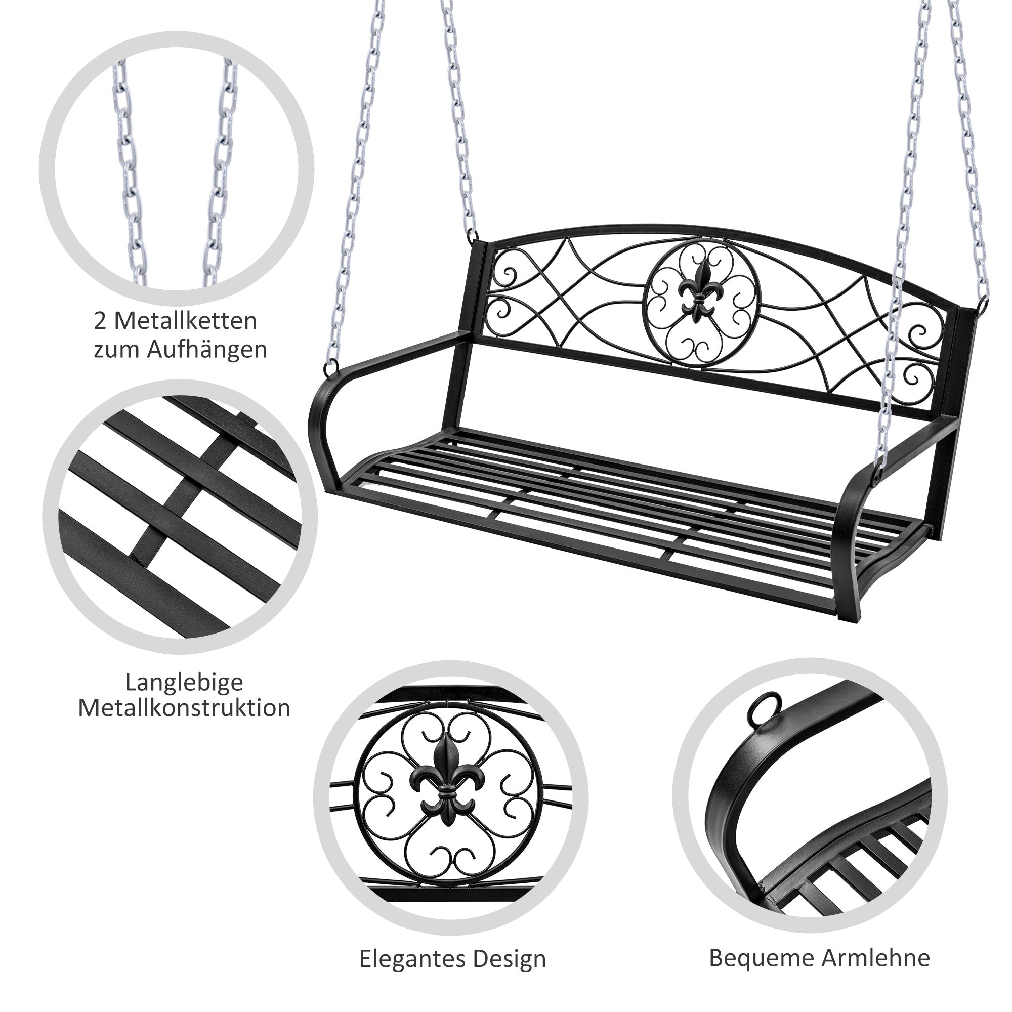 Hanging Bench 2-Seater Garden Swing Swing Bench Hollywood Swing Suspension Bench with Chains Metal Black 132 x 63 x 58 cm