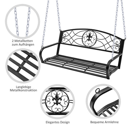 Hanging Bench 2-Seater Garden Swing Swing Bench Hollywood Swing Suspension Bench with Chains Metal Black 132 x 63 x 58 cm