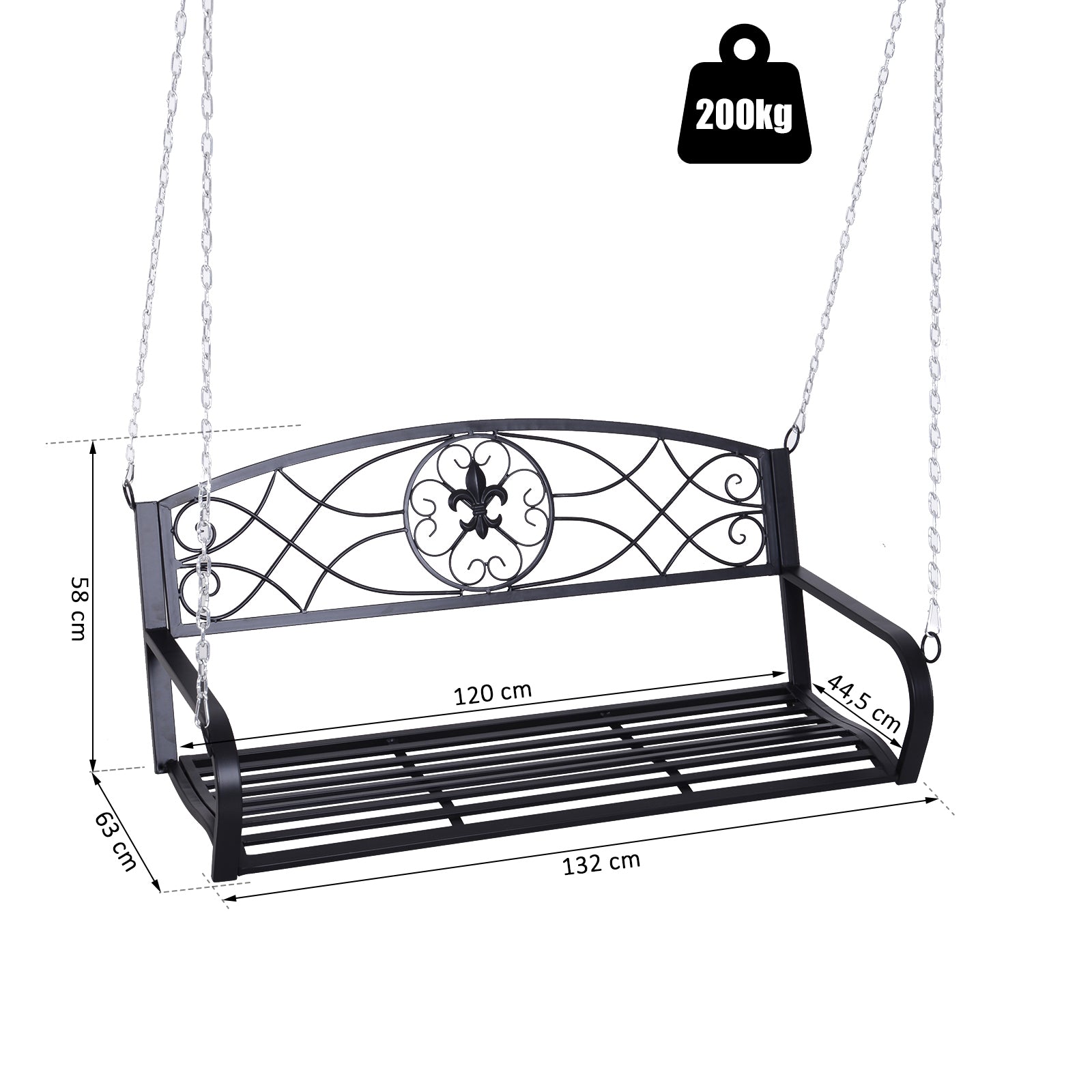 Hanging Bench 2-Seater Garden Swing Swing Bench Hollywood Swing Suspension Bench with Chains Metal Black 132 x 63 x 58 cm