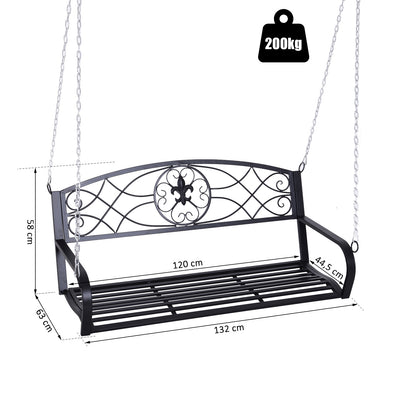 Hanging Bench 2-Seater Garden Swing Swing Bench Hollywood Swing Suspension Bench with Chains Metal Black 132 x 63 x 58 cm