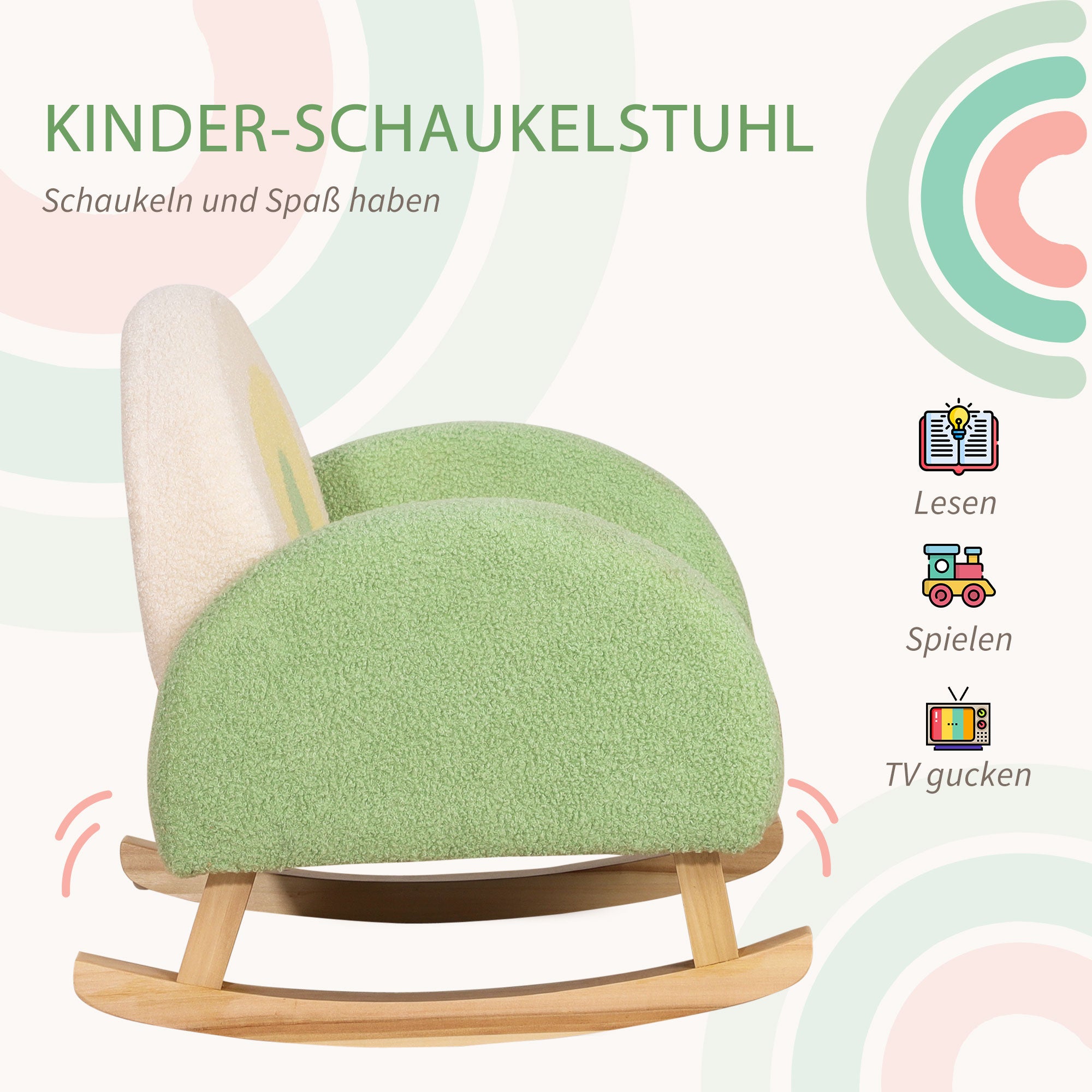Children's Sofa Rocking Chair for Toddlers Kids Armchair Kid's Couch for Children 1.5-3 Years Baby Seat for Nursery Playroom Faux Lambskin Eucalyptus Wood Green