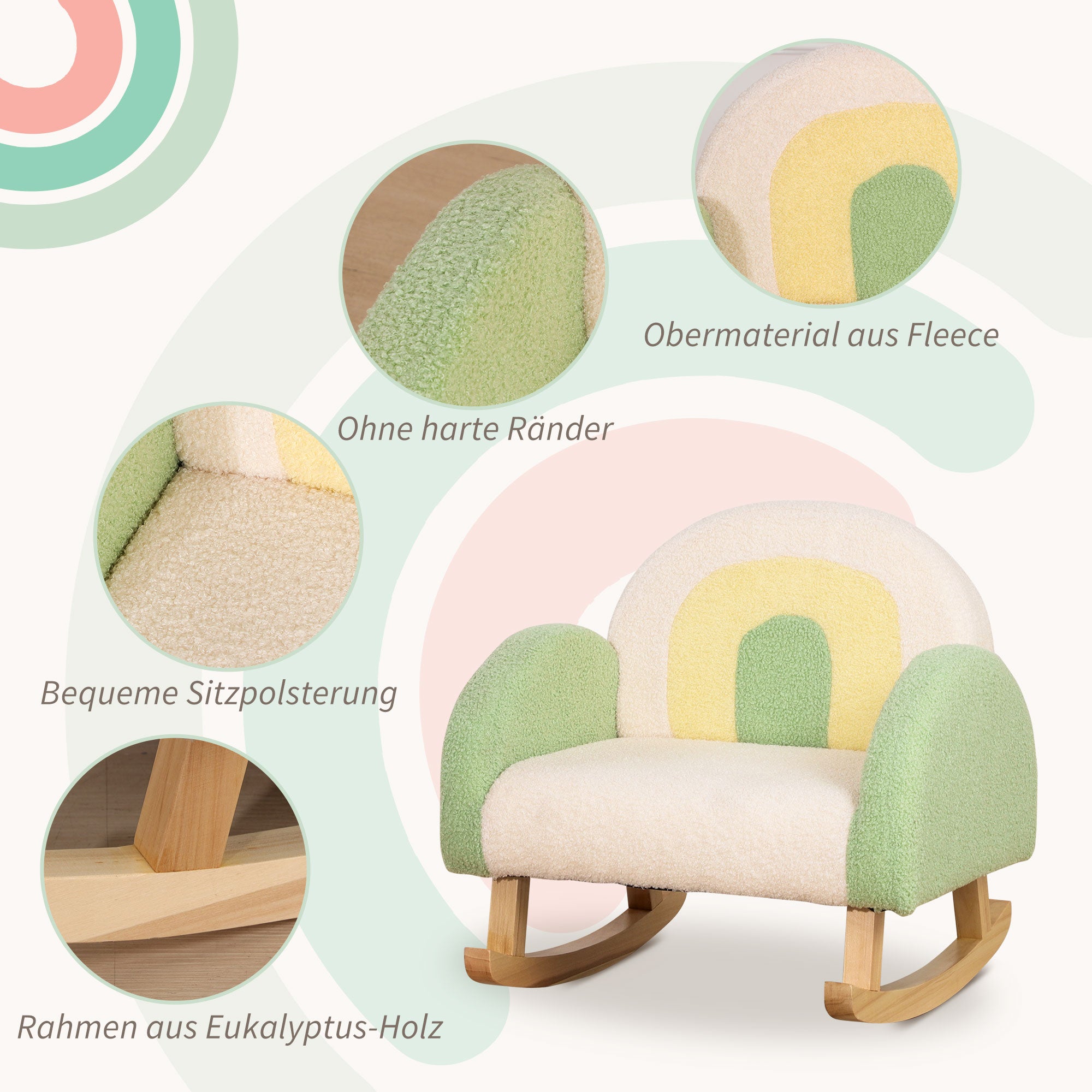 Children's Sofa Rocking Chair for Toddlers Kids Armchair Kid's Couch for Children 1.5-3 Years Baby Seat for Nursery Playroom Faux Lambskin Eucalyptus Wood Green