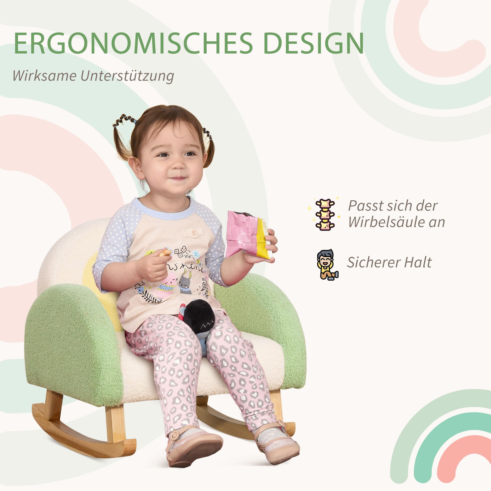 Children's Sofa Rocking Chair for Toddlers Kids Armchair Kid's Couch for Children 1.5-3 Years Baby Seat for Nursery Playroom Faux Lambskin Eucalyptus Wood Green