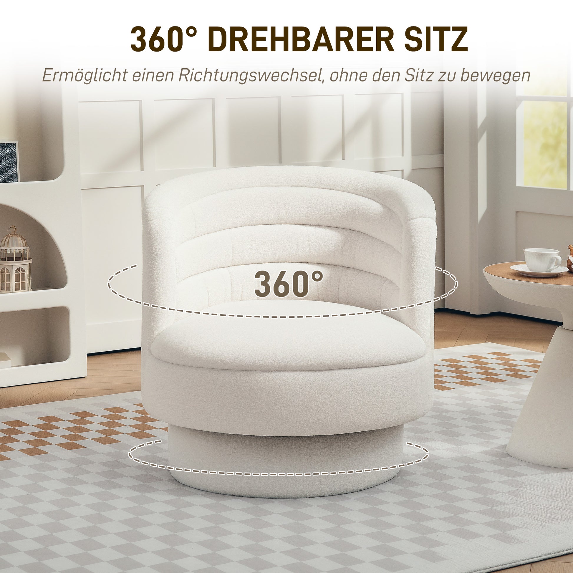 Chair Living Room Swivel Recliner with Armrests, Lounge Chair Reading Chair with Sherpa Look, Upholstered Chair for Bedroom Cream White